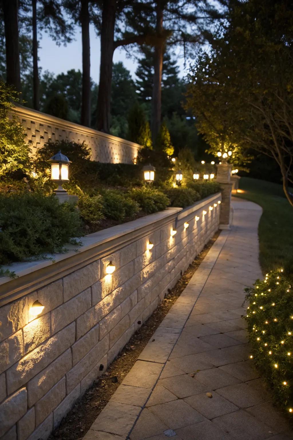 Decorative lighting transforms retaining walls into nighttime features.