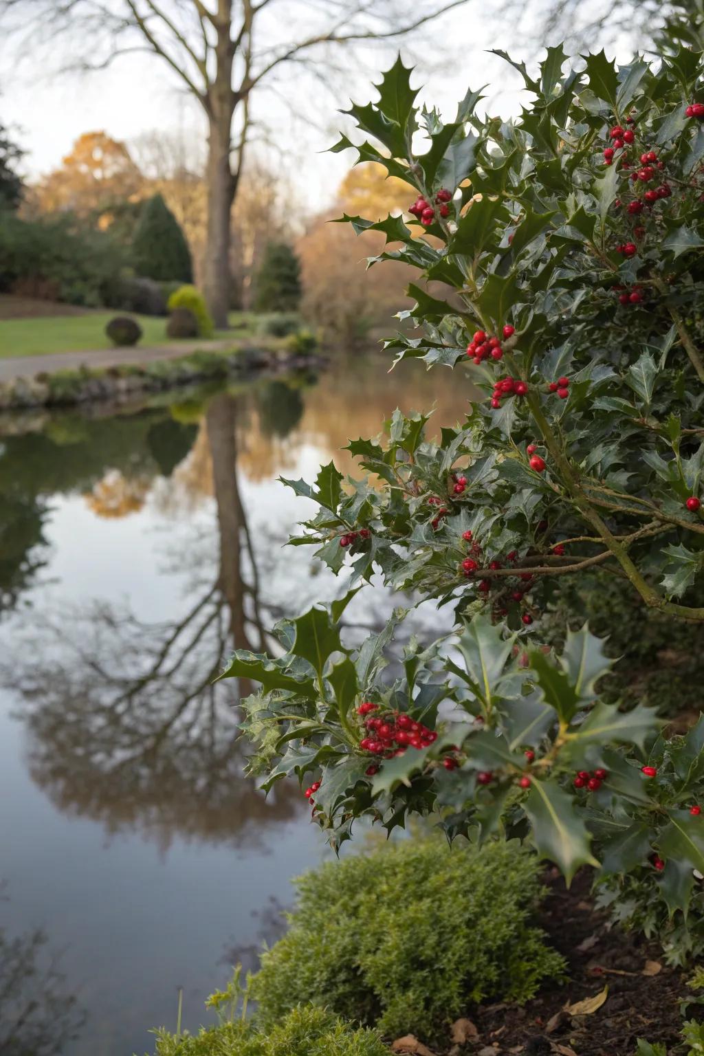 Holly bushes enhancing a pond's serene beauty.