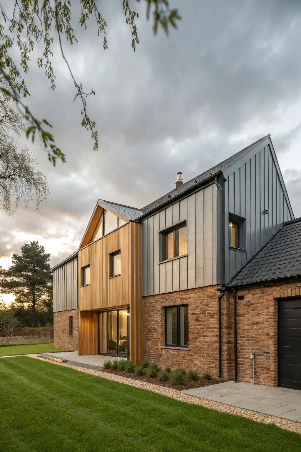A mix of cladding styles creates a visually dynamic facade.