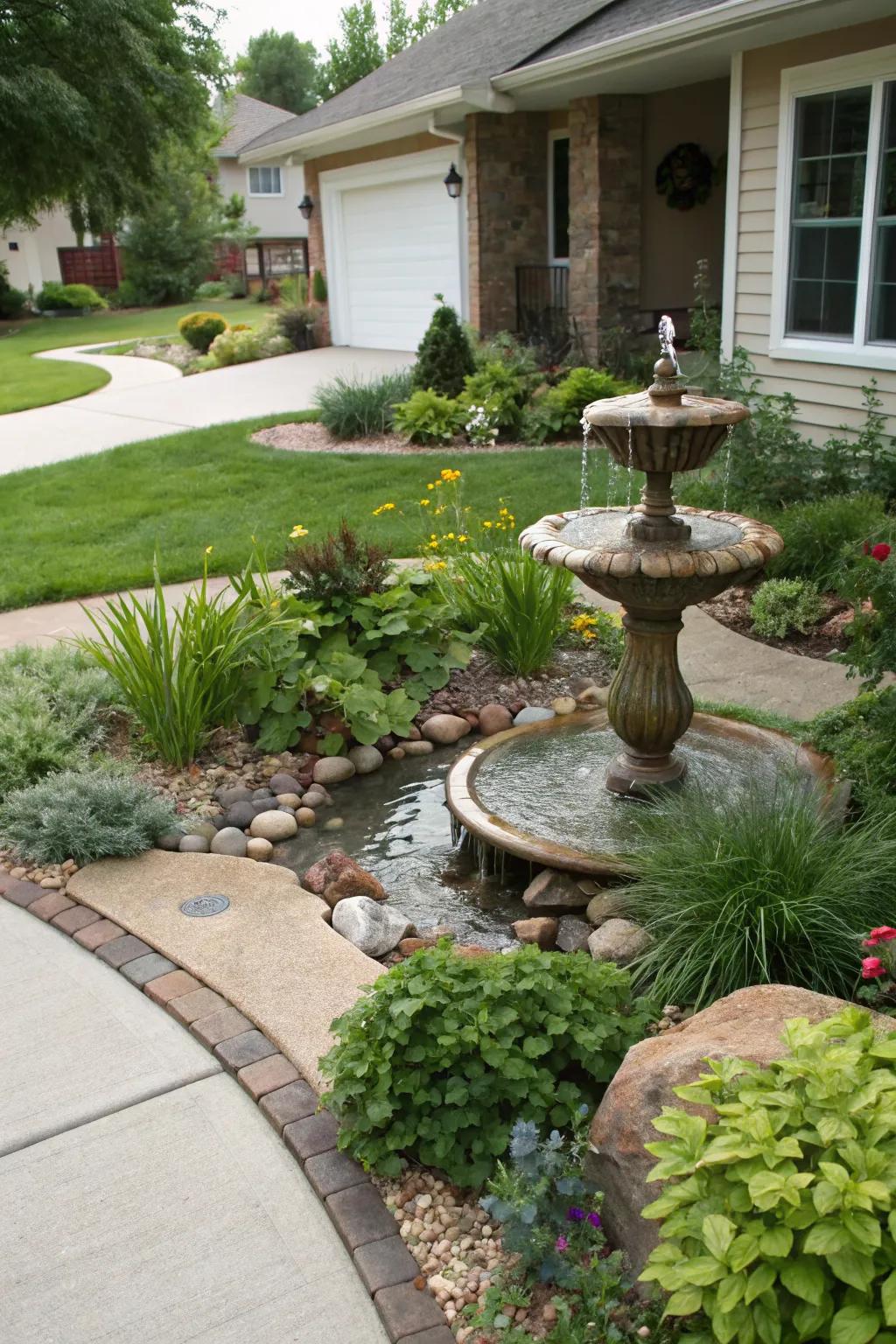 A serene water feature adding tranquility to the front yard.