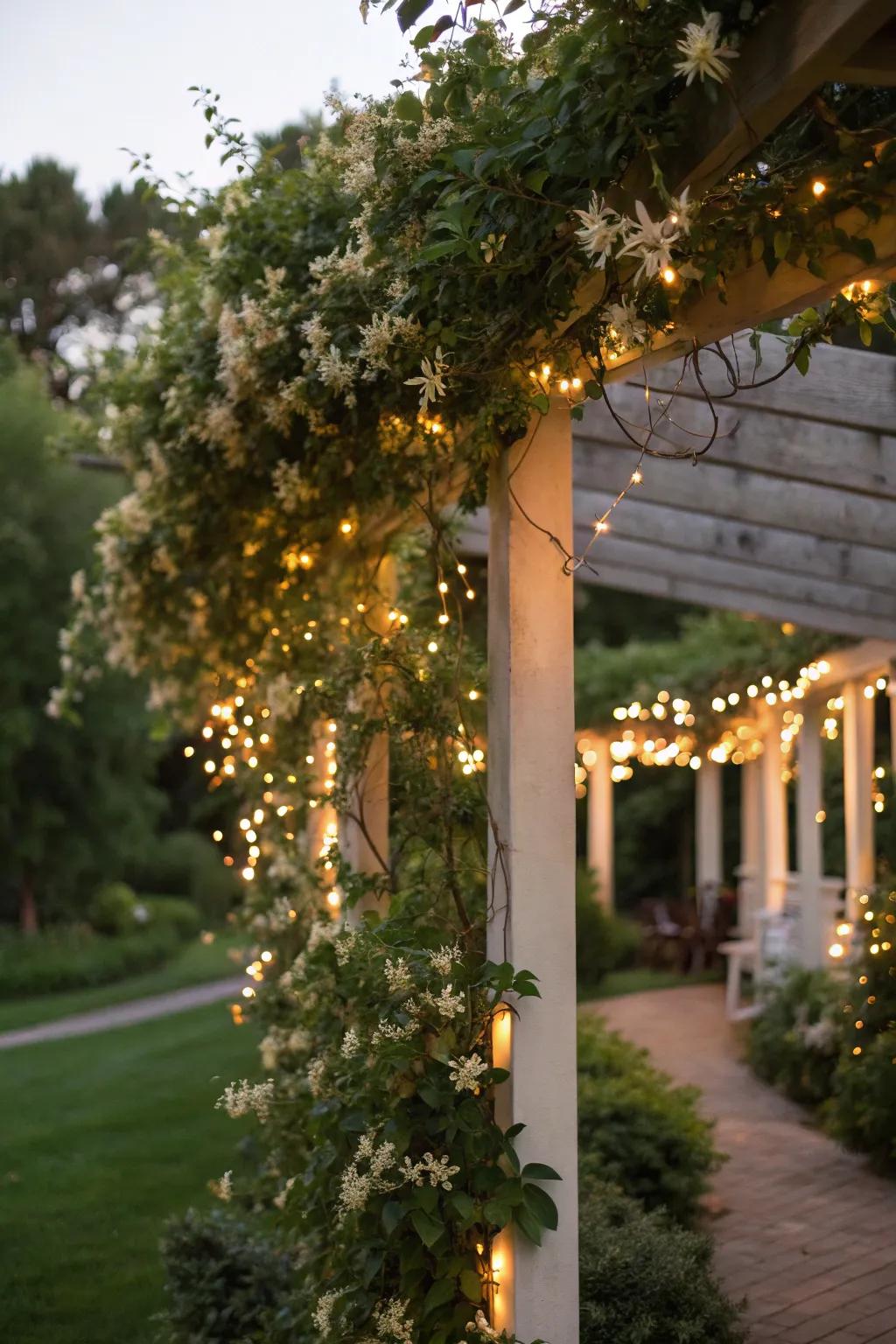 A pergola illuminated with fairy lights and adorned with honeysuckle, perfect for magical evenings.