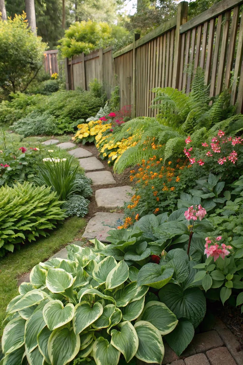 Seasonal blooms adding color to hostas and ferns.
