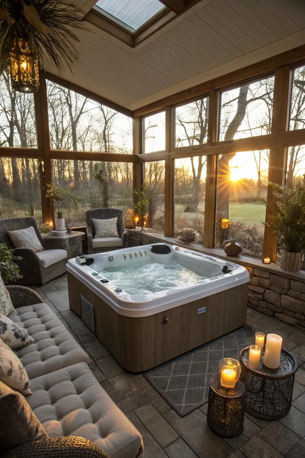 Enjoy a sunroom soak with a hot tub in a light-filled space.