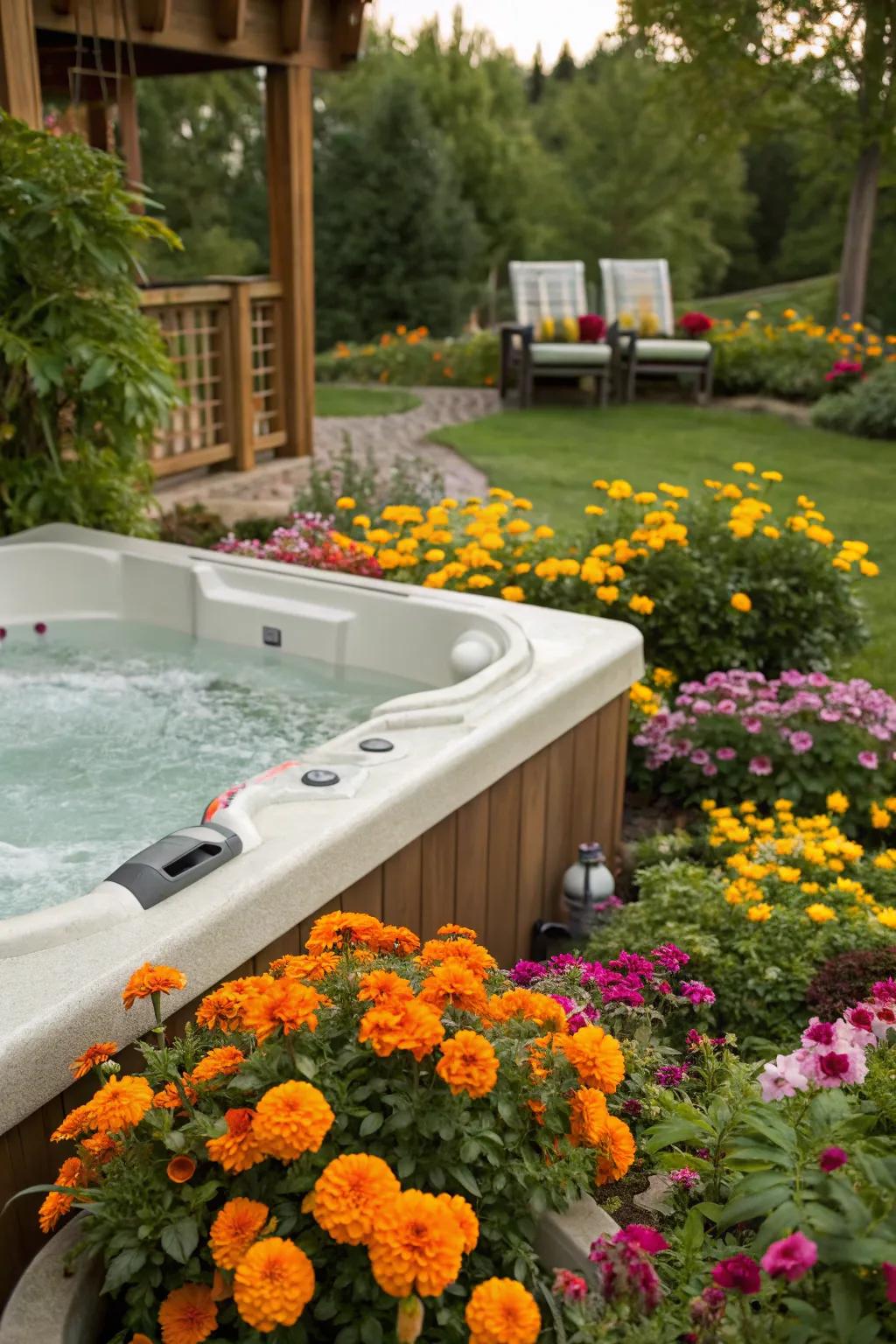 Flowers add a cheerful pop of color around your hot tub.