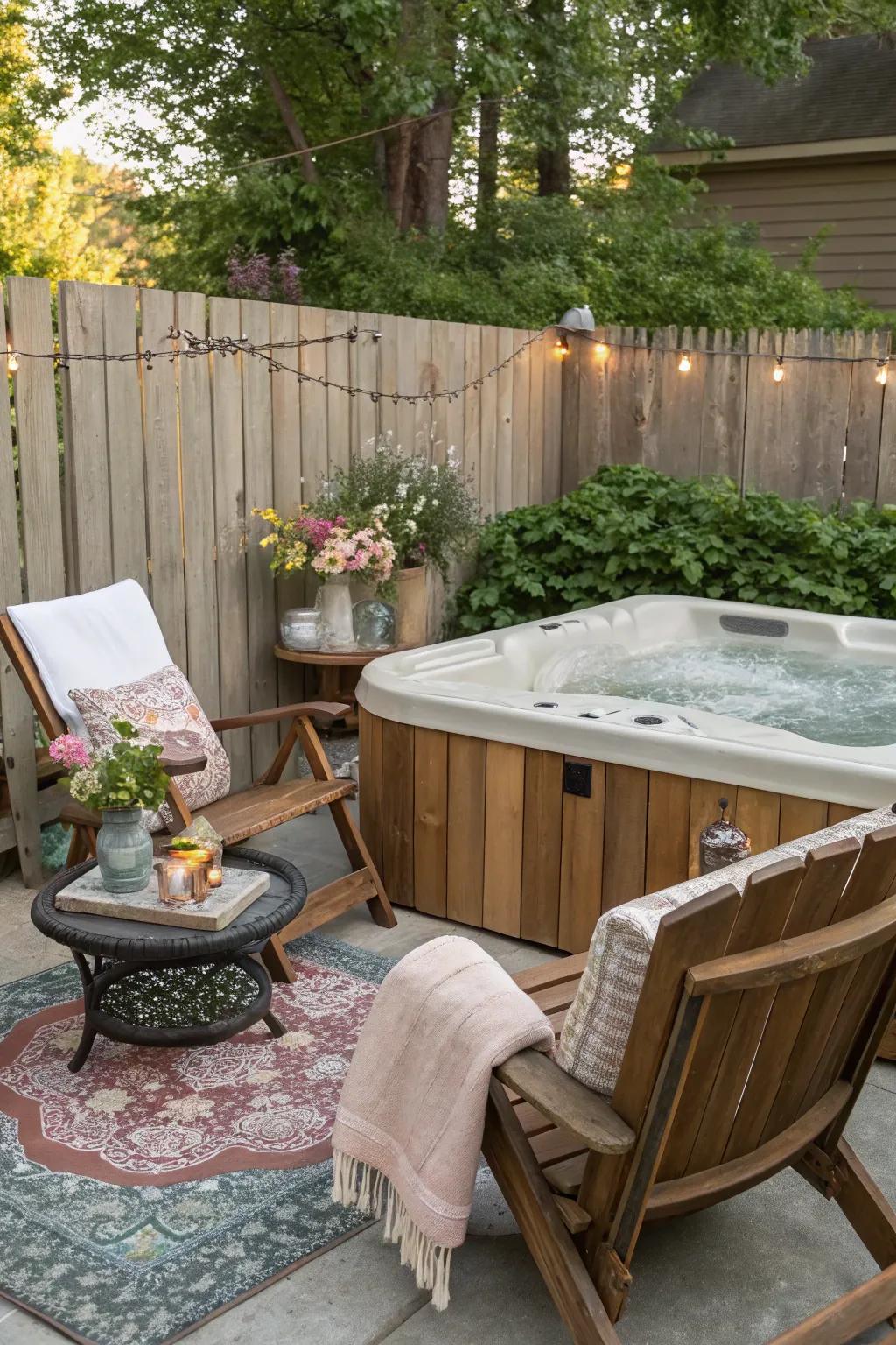 Cottage charm infuses this hot tub area with warmth and nostalgia.