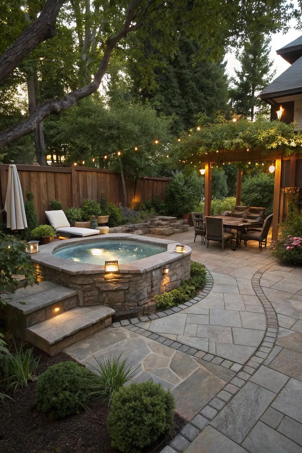 A built-in hot tub offers a seamless and high-end appearance.