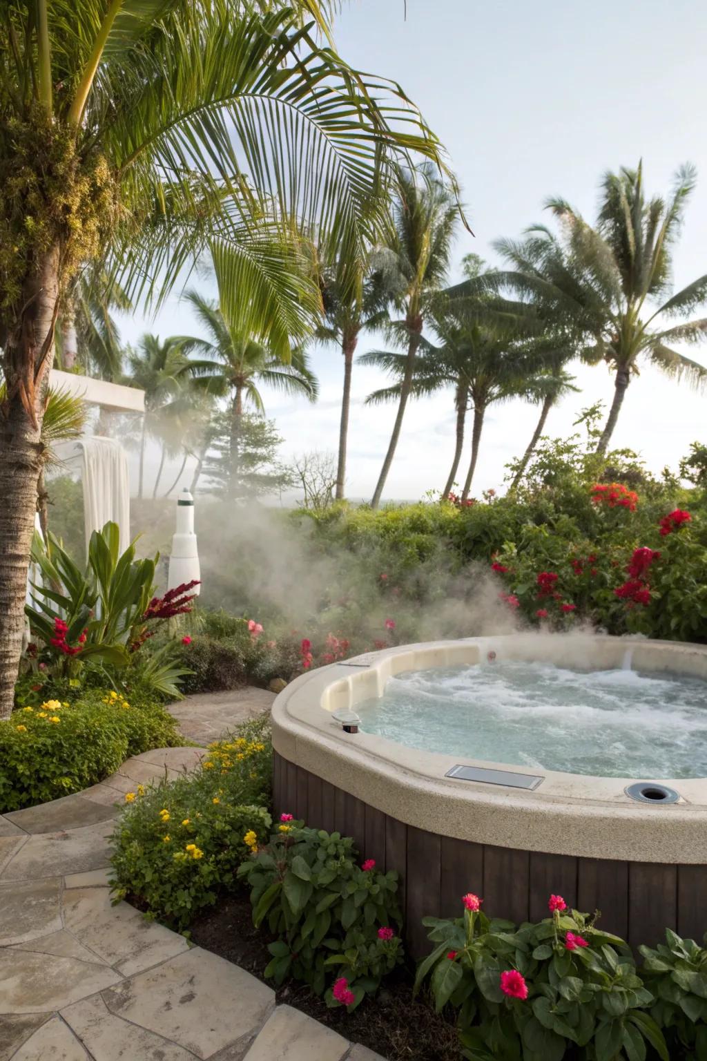 Create a tropical oasis around your hot tub.