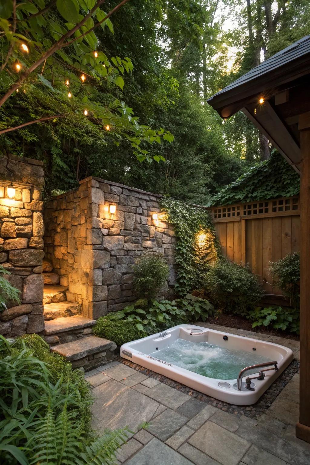 Stone walls add durability and rustic charm to your hot tub space.