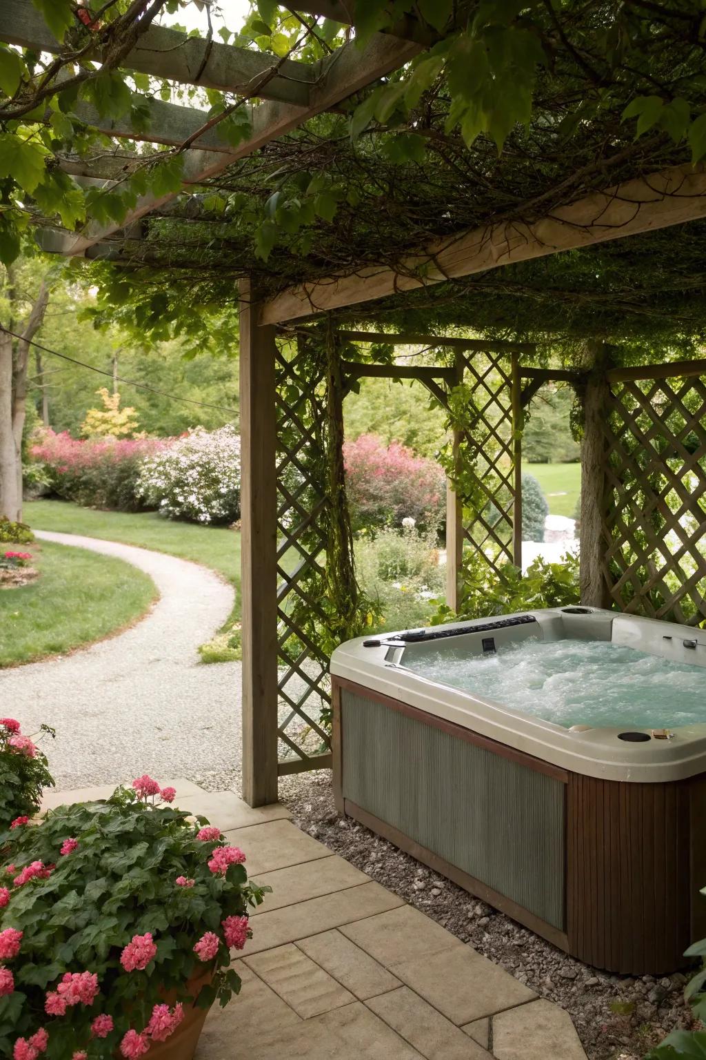 A vine-covered trellis offers natural shade and a romantic feel.