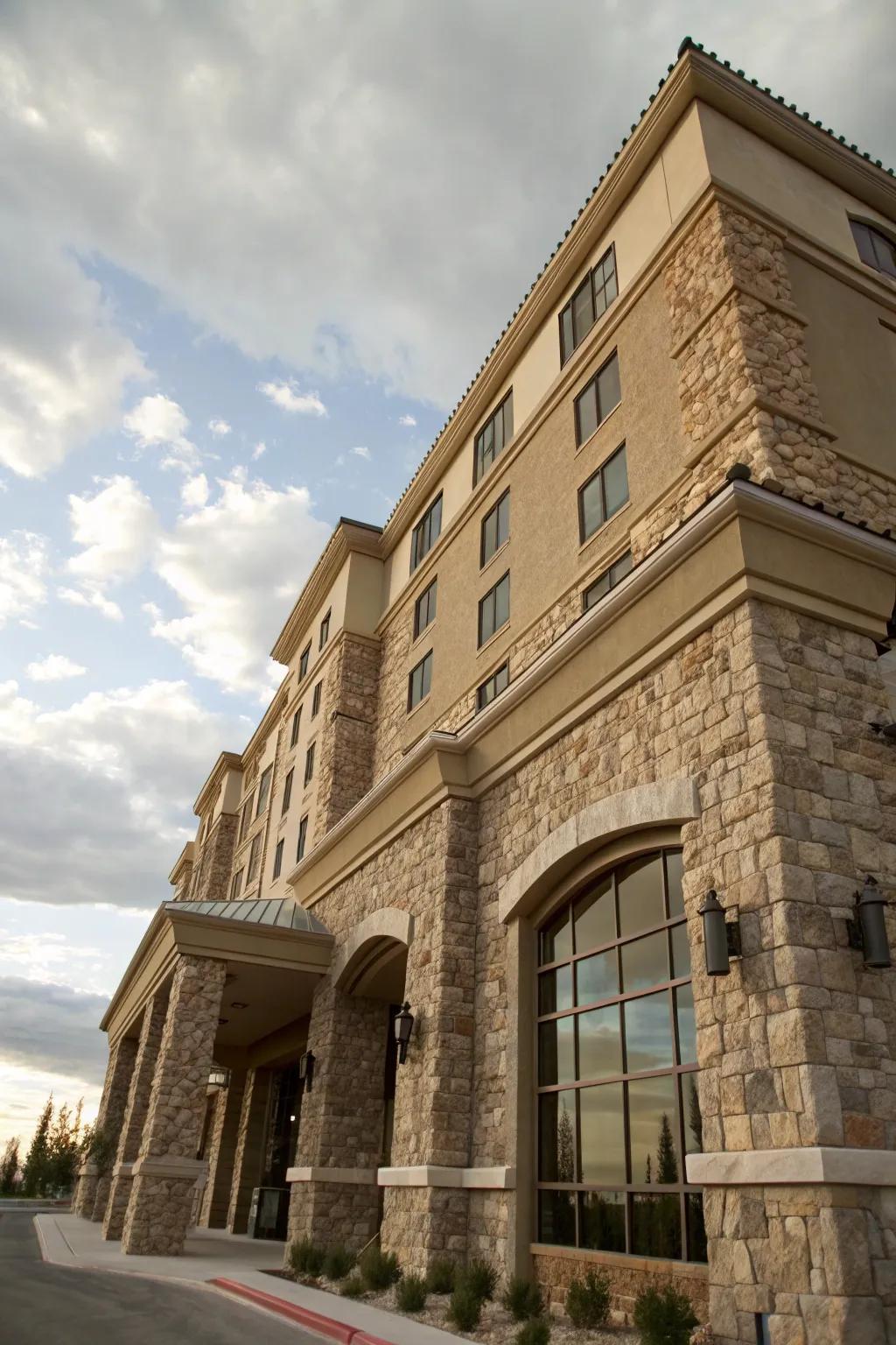 Textures add visual interest and depth to the hotel's facade.