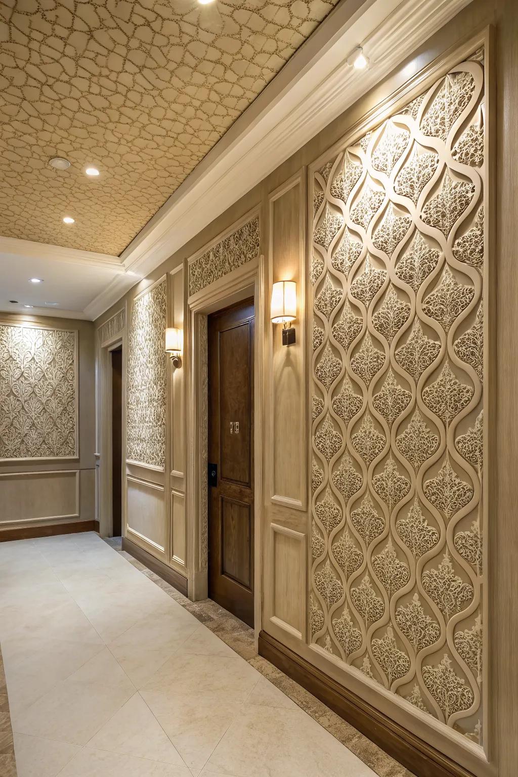 Textured wall paneling adds depth and sophistication to the entryway.
