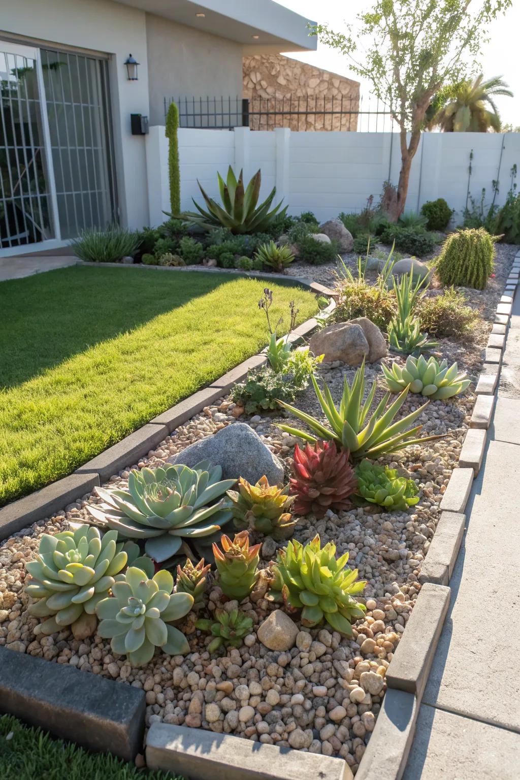 Gravel and succulent beds offer modern simplicity.