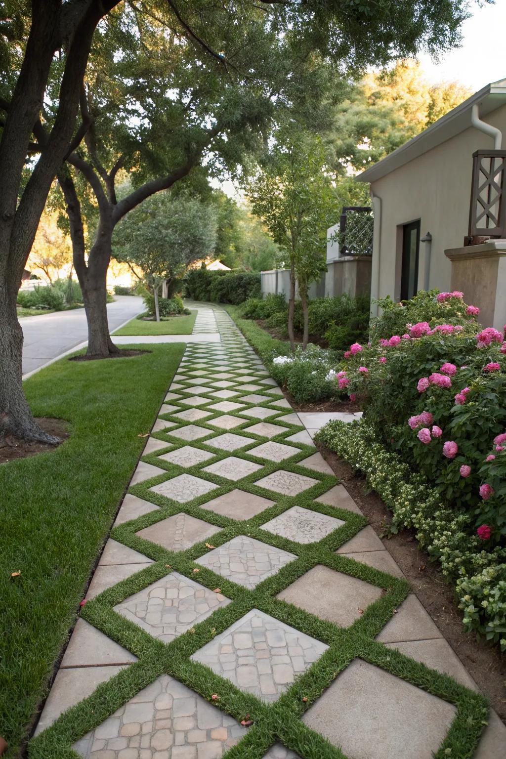 Patterned concrete pavers add a chic design element to the pathway.