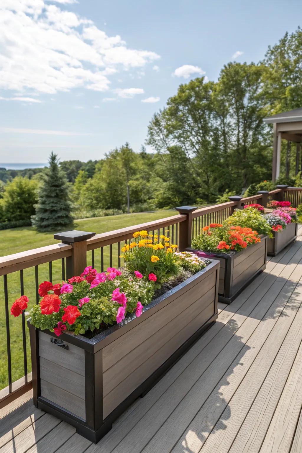 A vibrant deck featuring integrated planter boxes for added greenery.