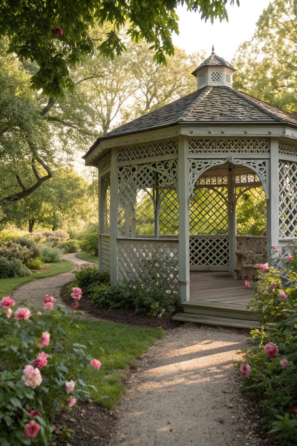 A charming gazebo enhanced by decorative lattice panels for extra shade.