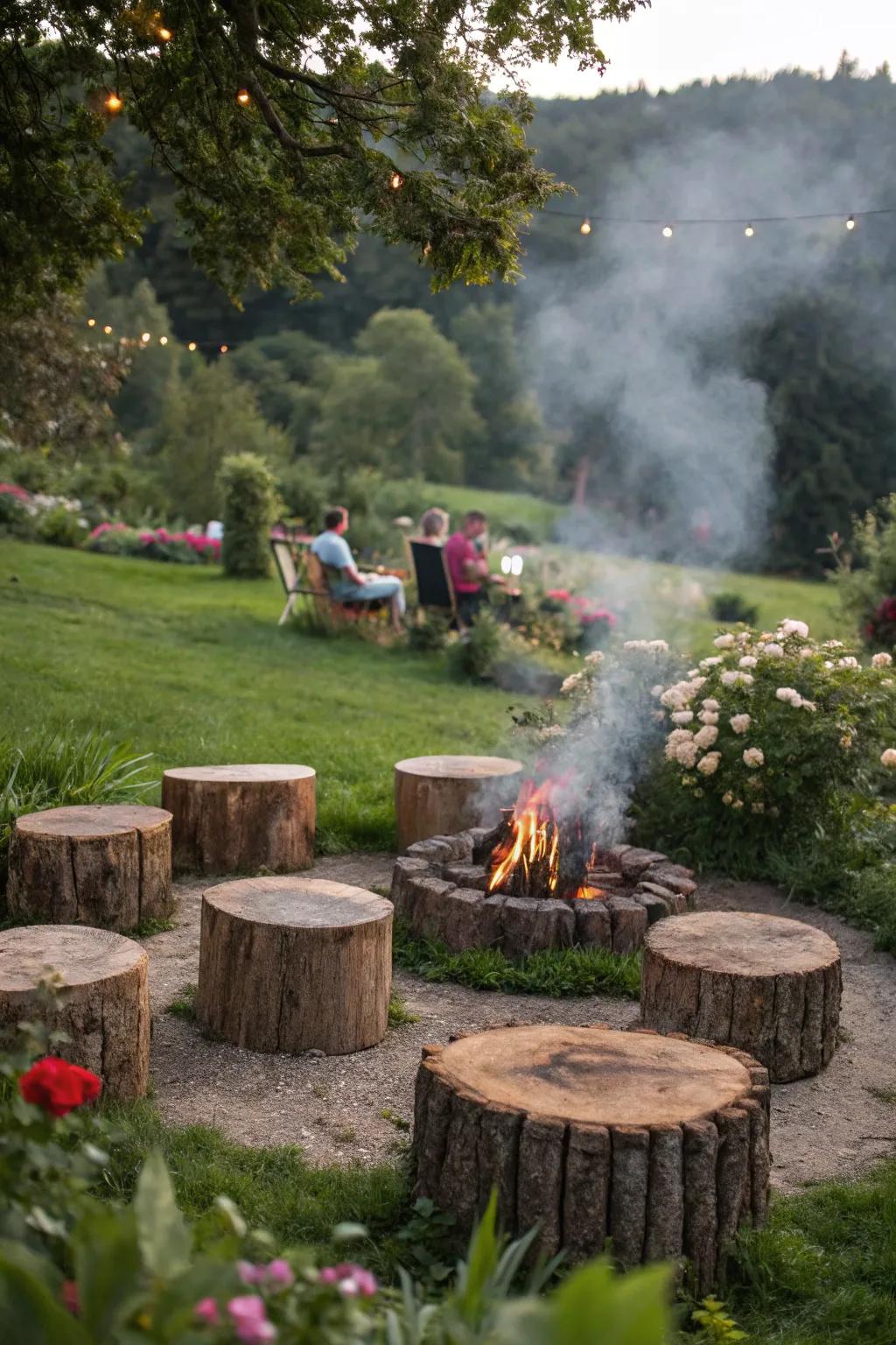 Create a cozy campfire area with tree stump seating.
