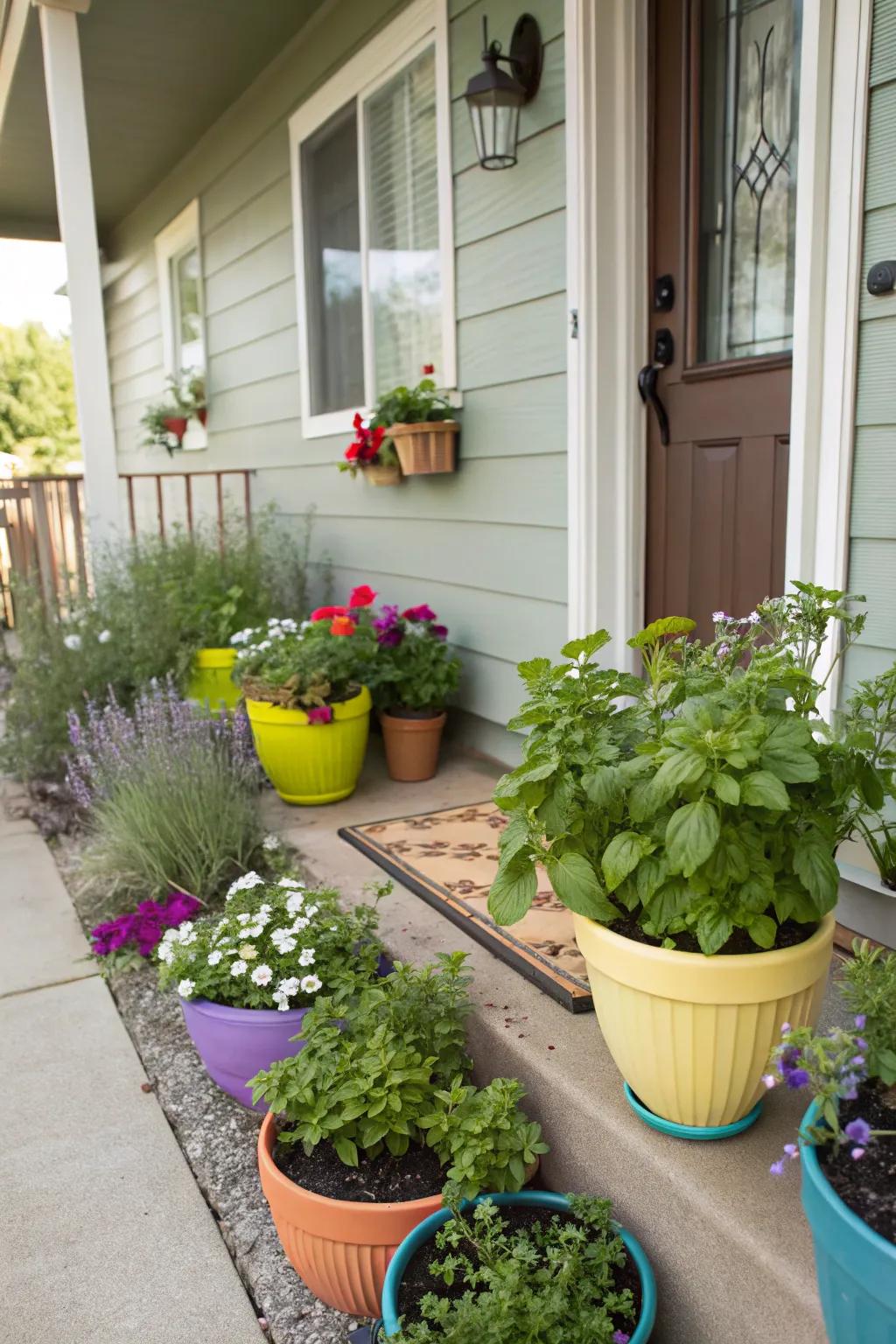 A lush mini garden oasis on a front porch.