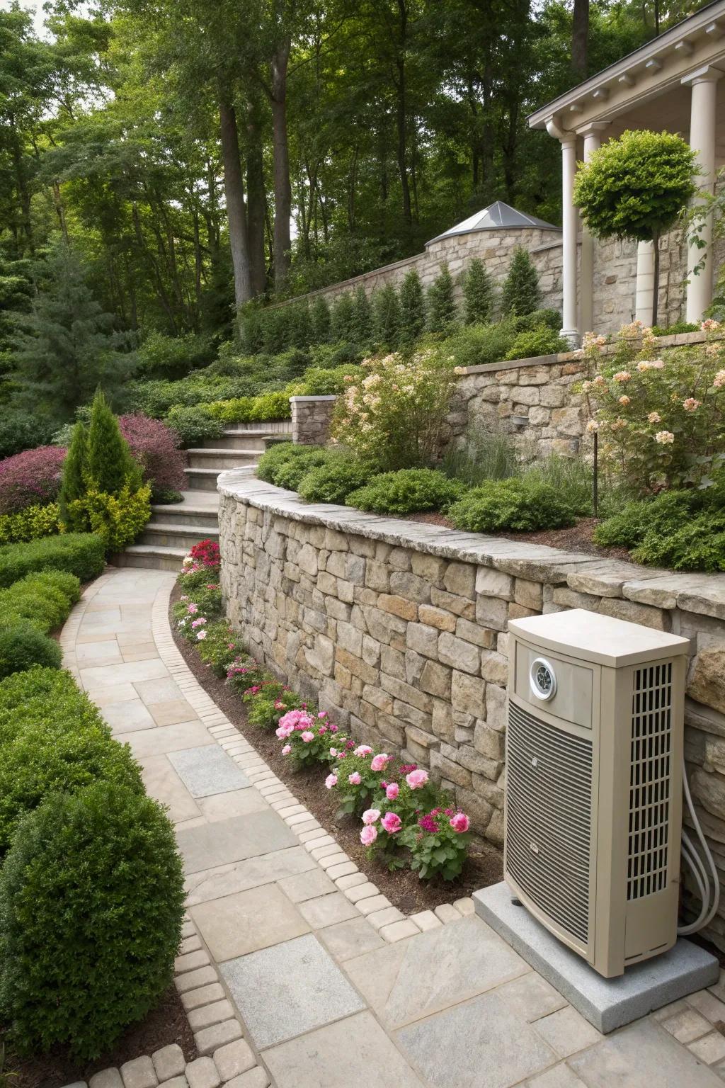 Stone walls offer a classic and durable way to hide your AC unit.