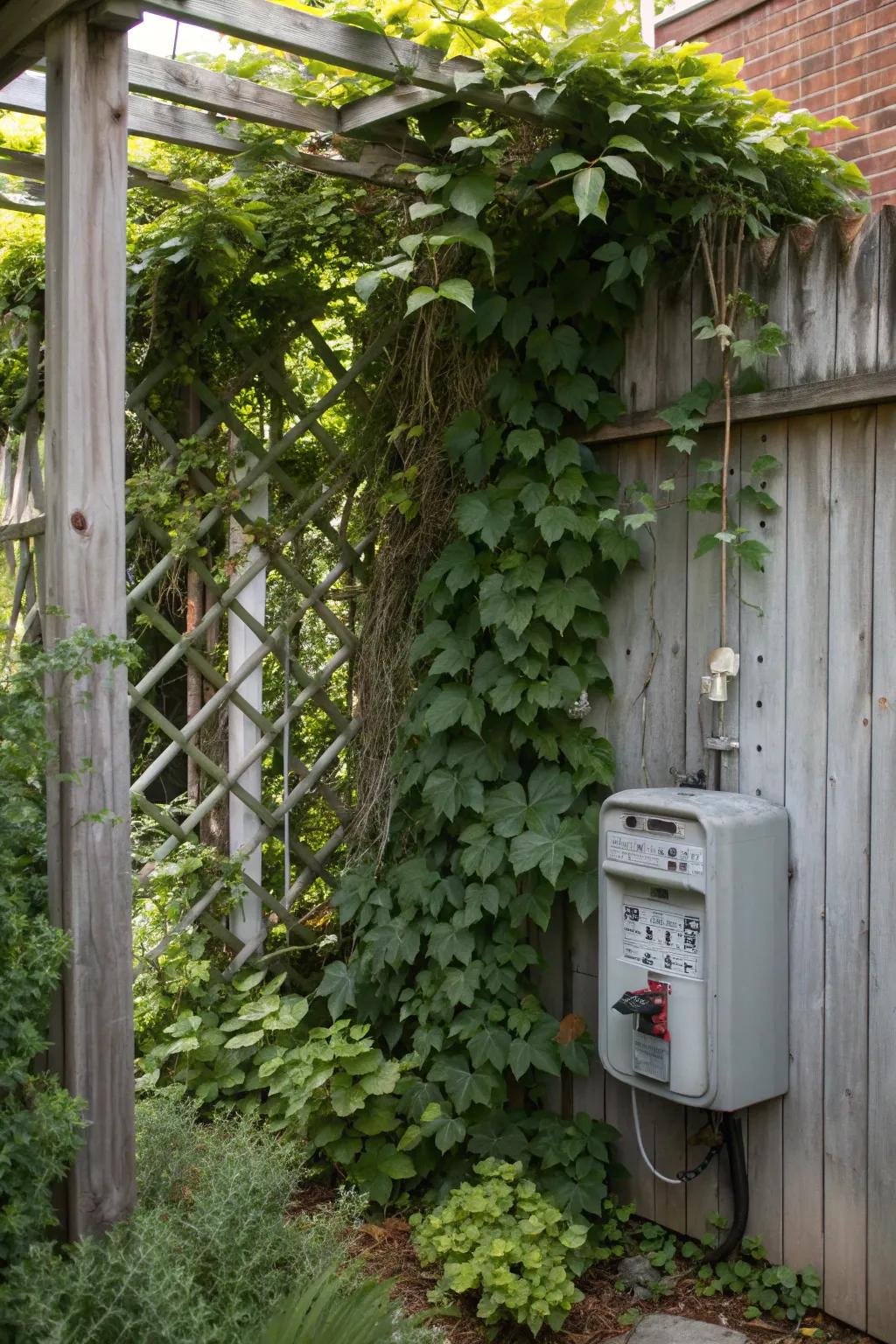 A trellis with greenery offers a natural disguise for a gas meter.