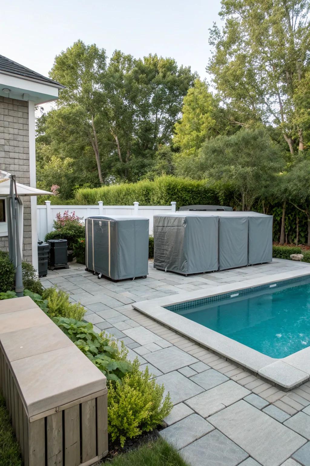Soundproof covers reduce noise while hiding pool equipment.