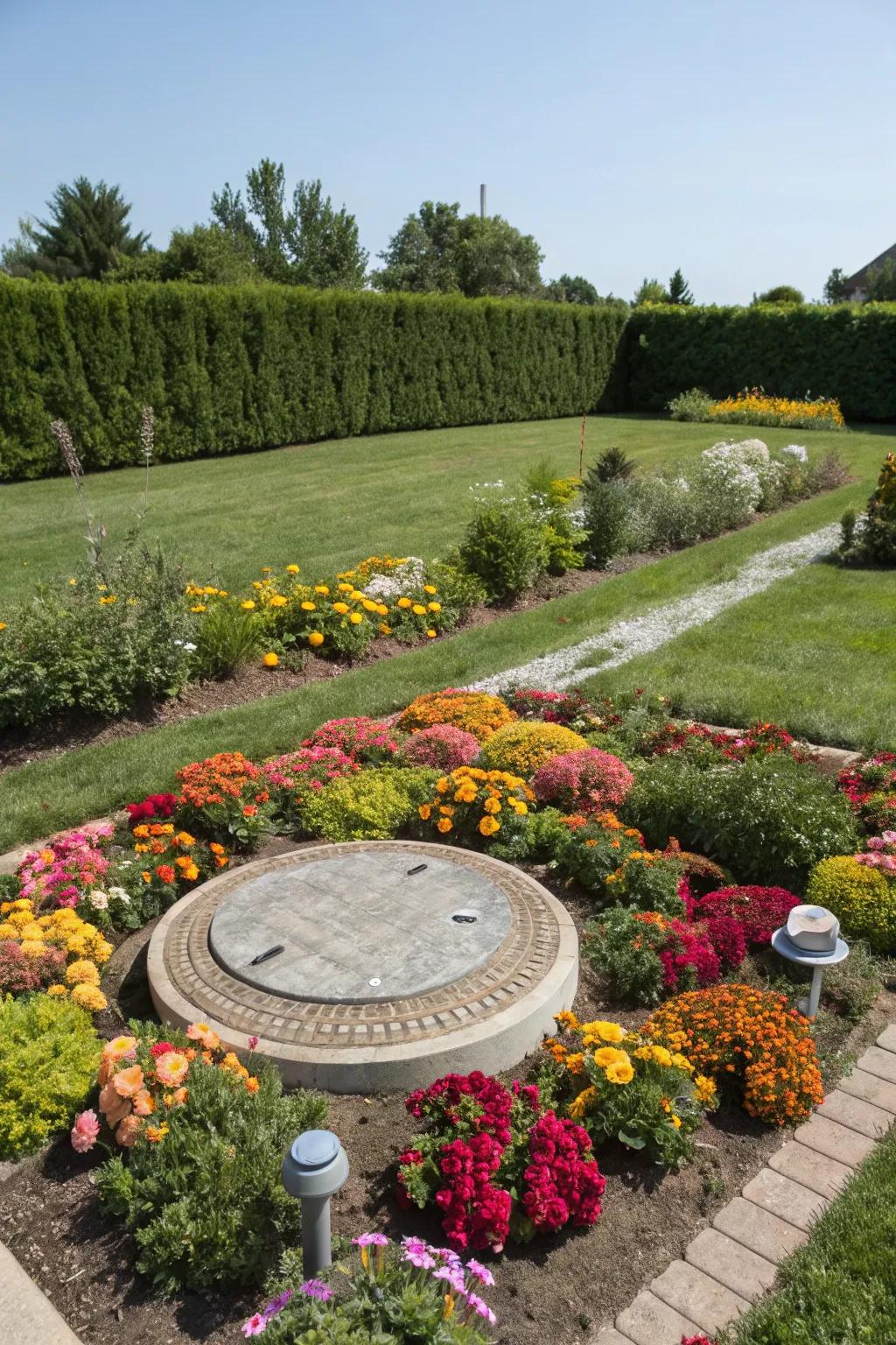 Symmetrical planting creates visual harmony while concealing septic tank risers.