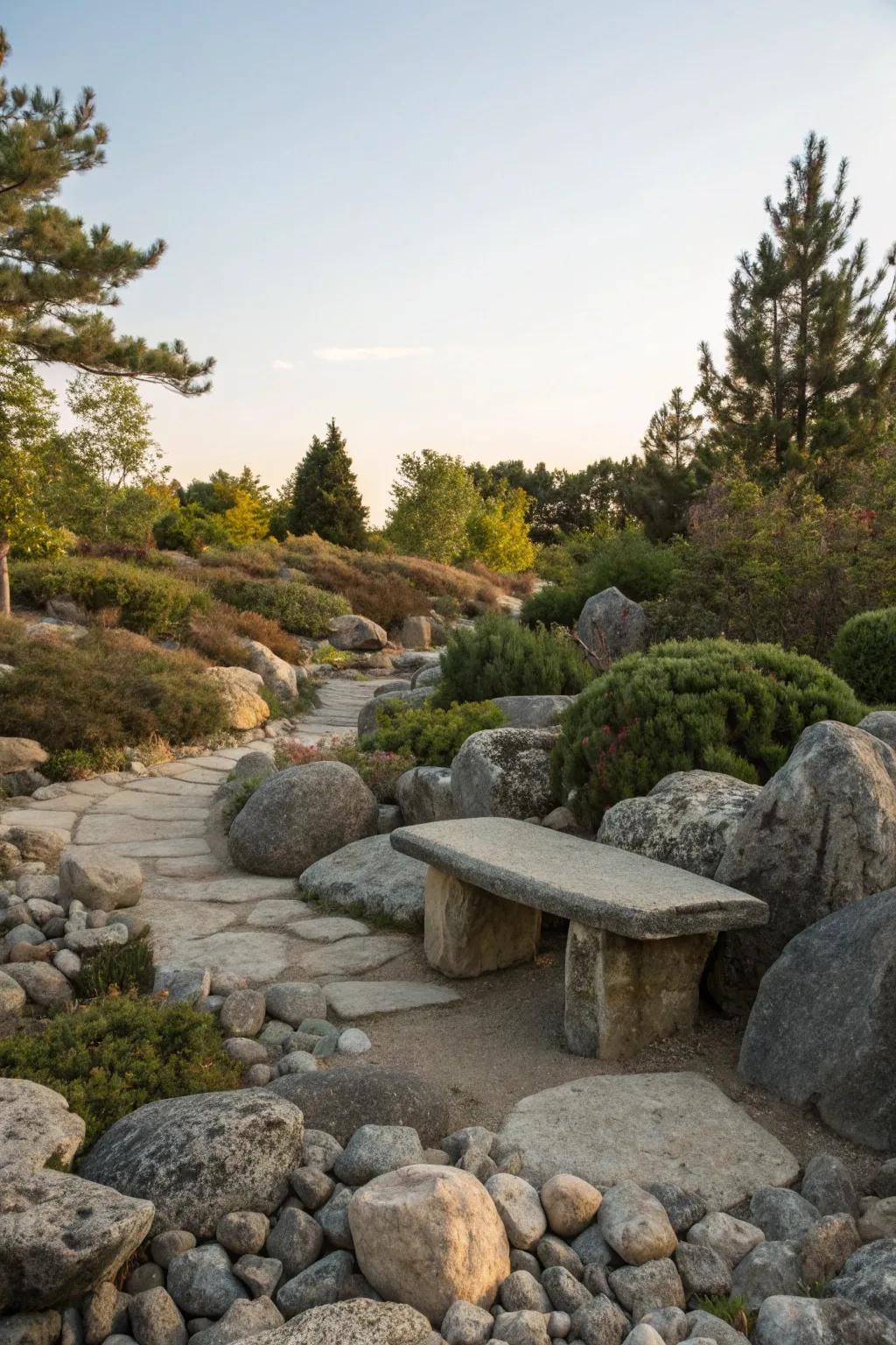 A stone bench nestled among rocks offers a stylish seating option.