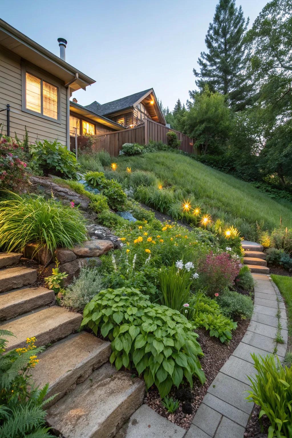 A sloped yard featuring a lush rain garden that captures runoff.