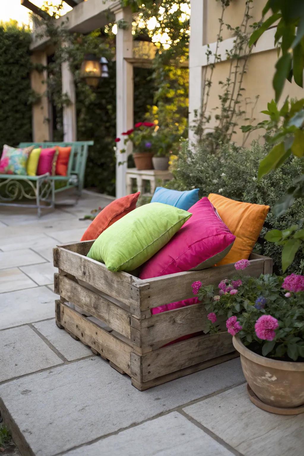 Wooden crates provide a rustic and modular solution for cushion storage.