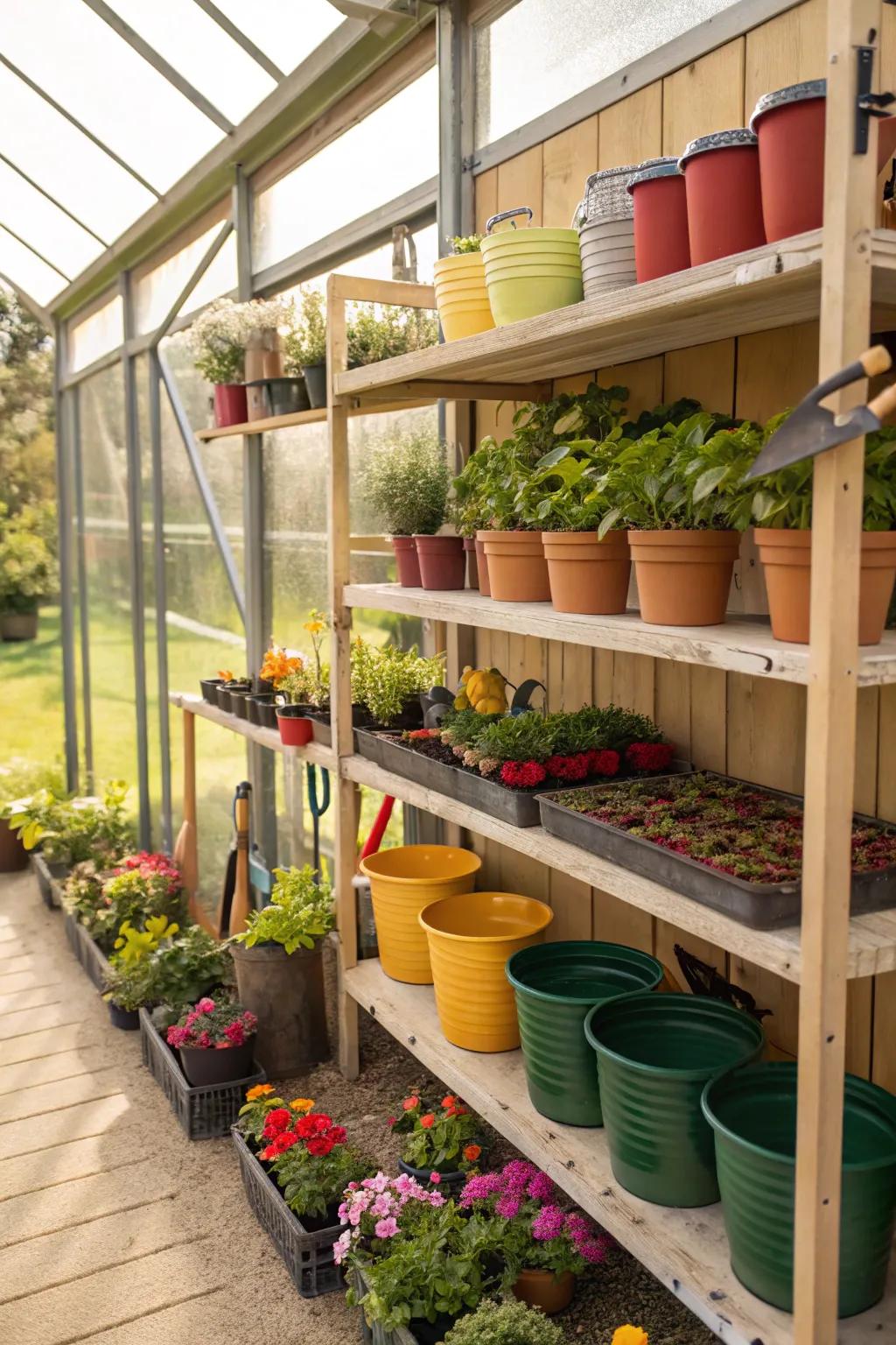 A shelving system keeps a greenhouse organized and efficient.