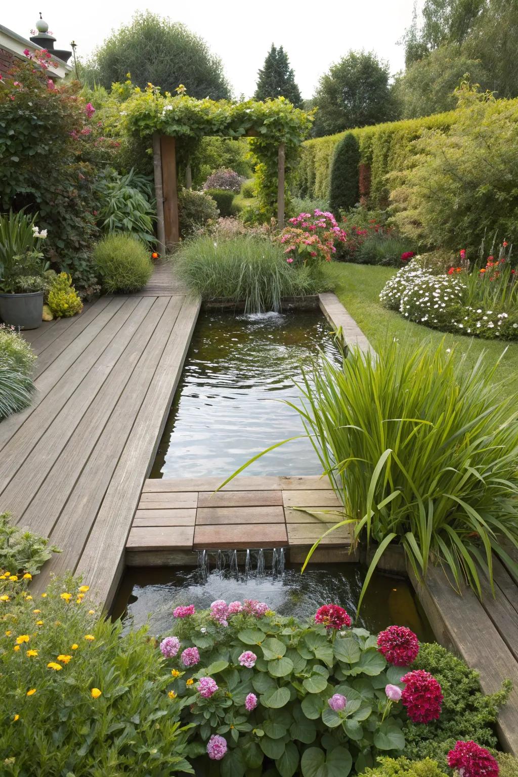 A garden deck enhanced by the calming presence of a water feature.