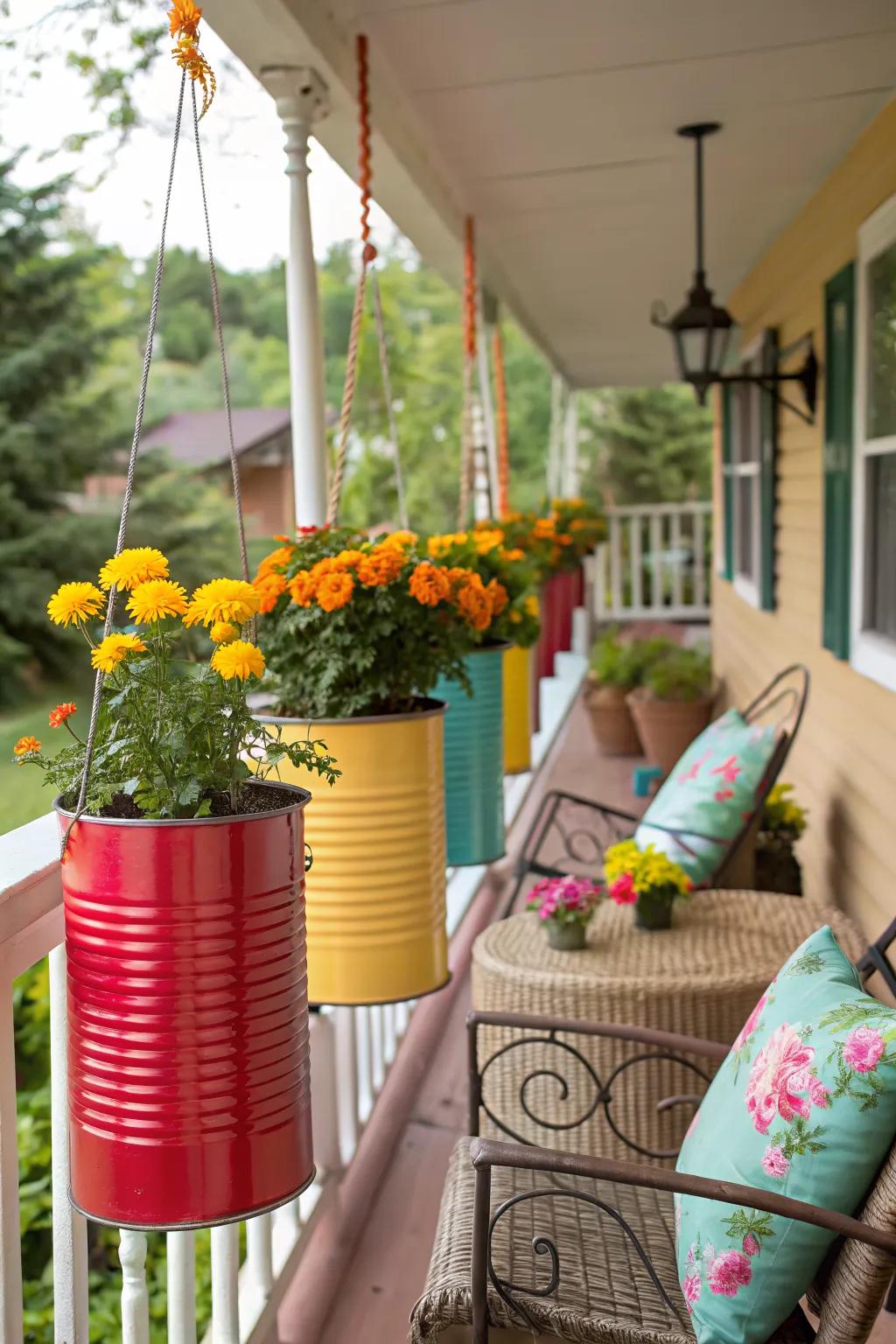 Recycled tin cans inject color and creativity into your porch decor.