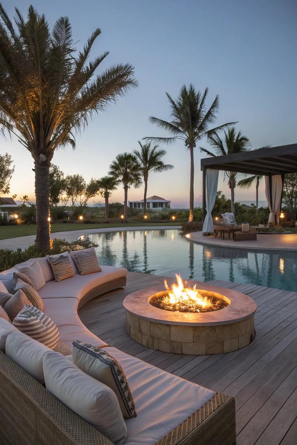 Introduce warmth with a cozy fire pit by the pool.