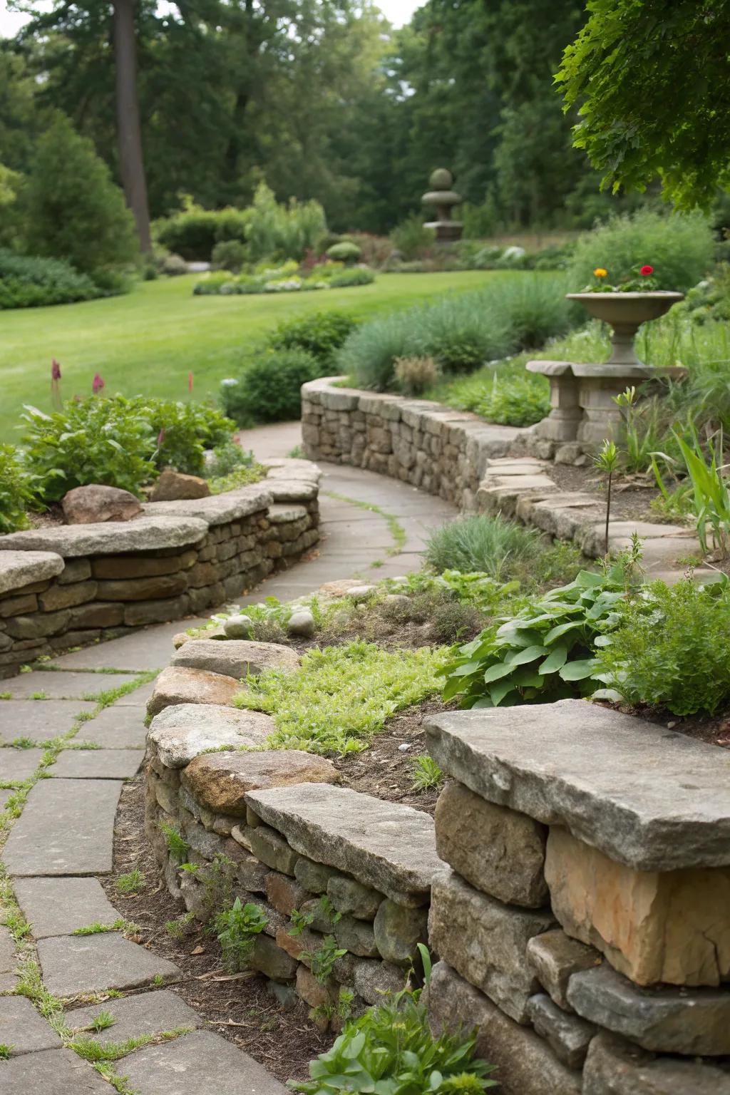 Layered stone borders create a multi-dimensional garden edge.