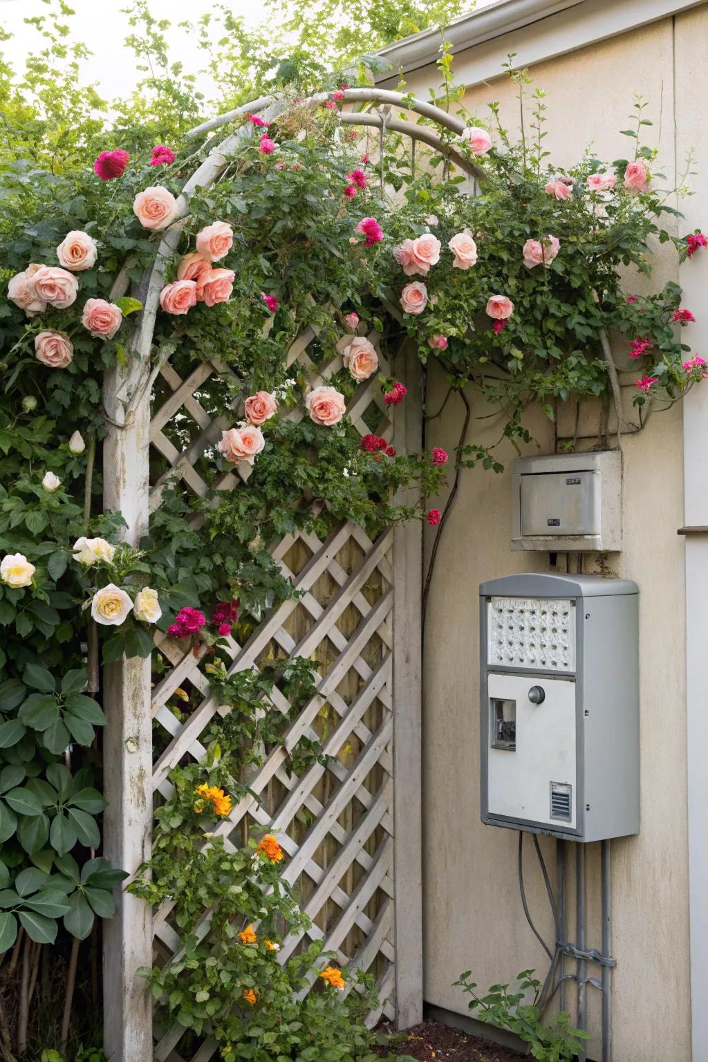A trellis with climbing plants offers a floral disguise for your panel.