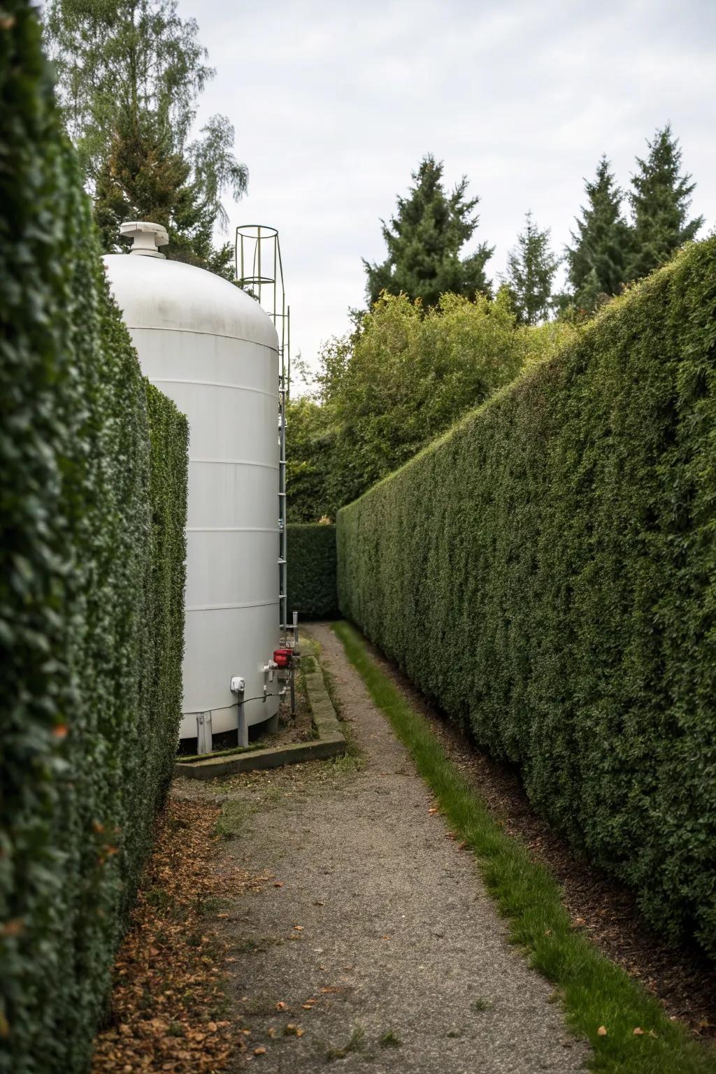 Classic hedge walls provide a formal and effective propane tank cover.
