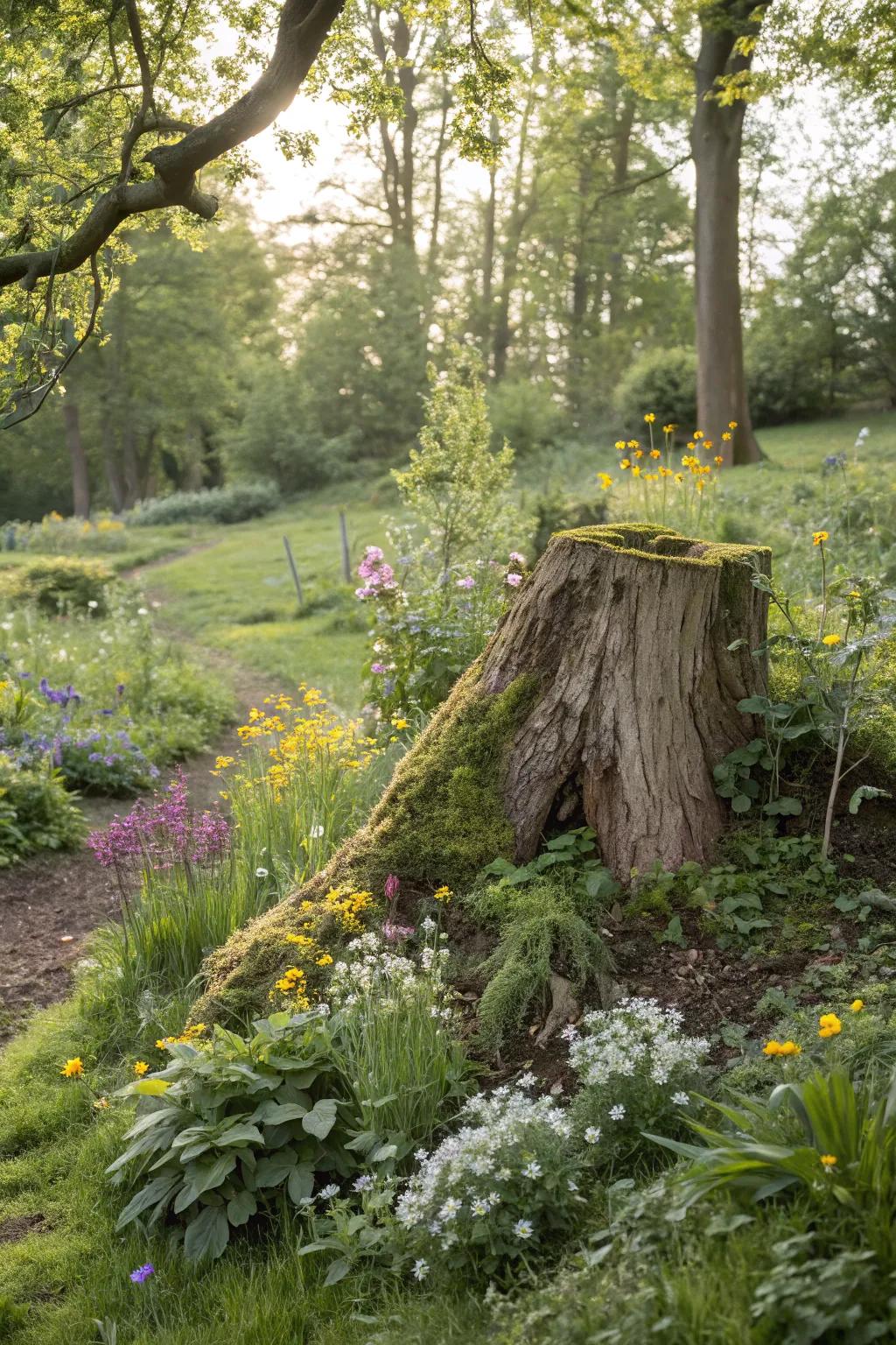 A tree stump nestled within a vibrant woodland garden.