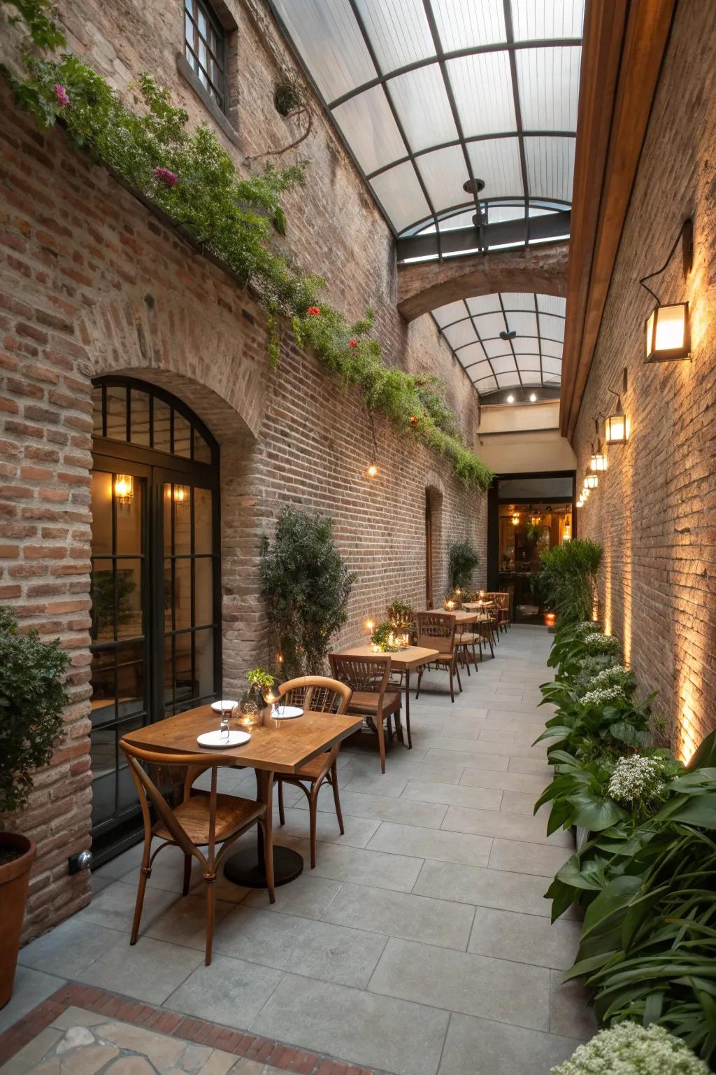 A patio with low brick walls defining separate spaces.