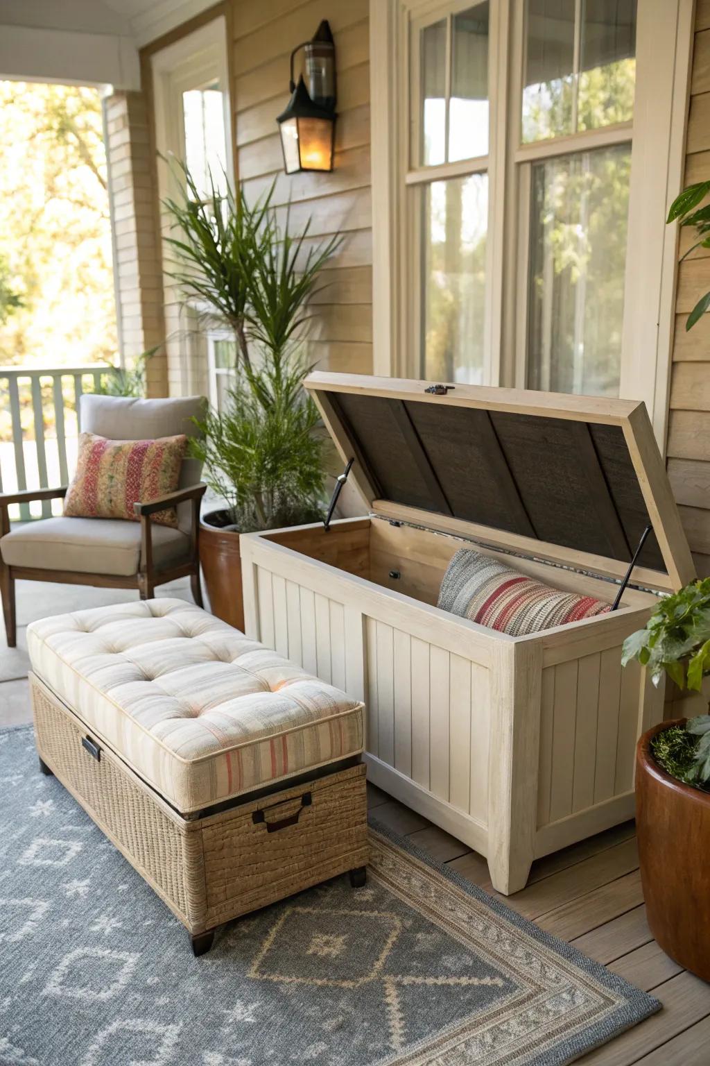 Multi-functional furniture keeps your porch organized and stylish.