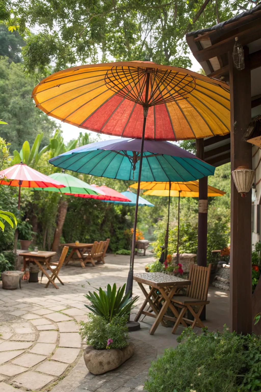 Painted umbrellas bring vibrant color to any patio.