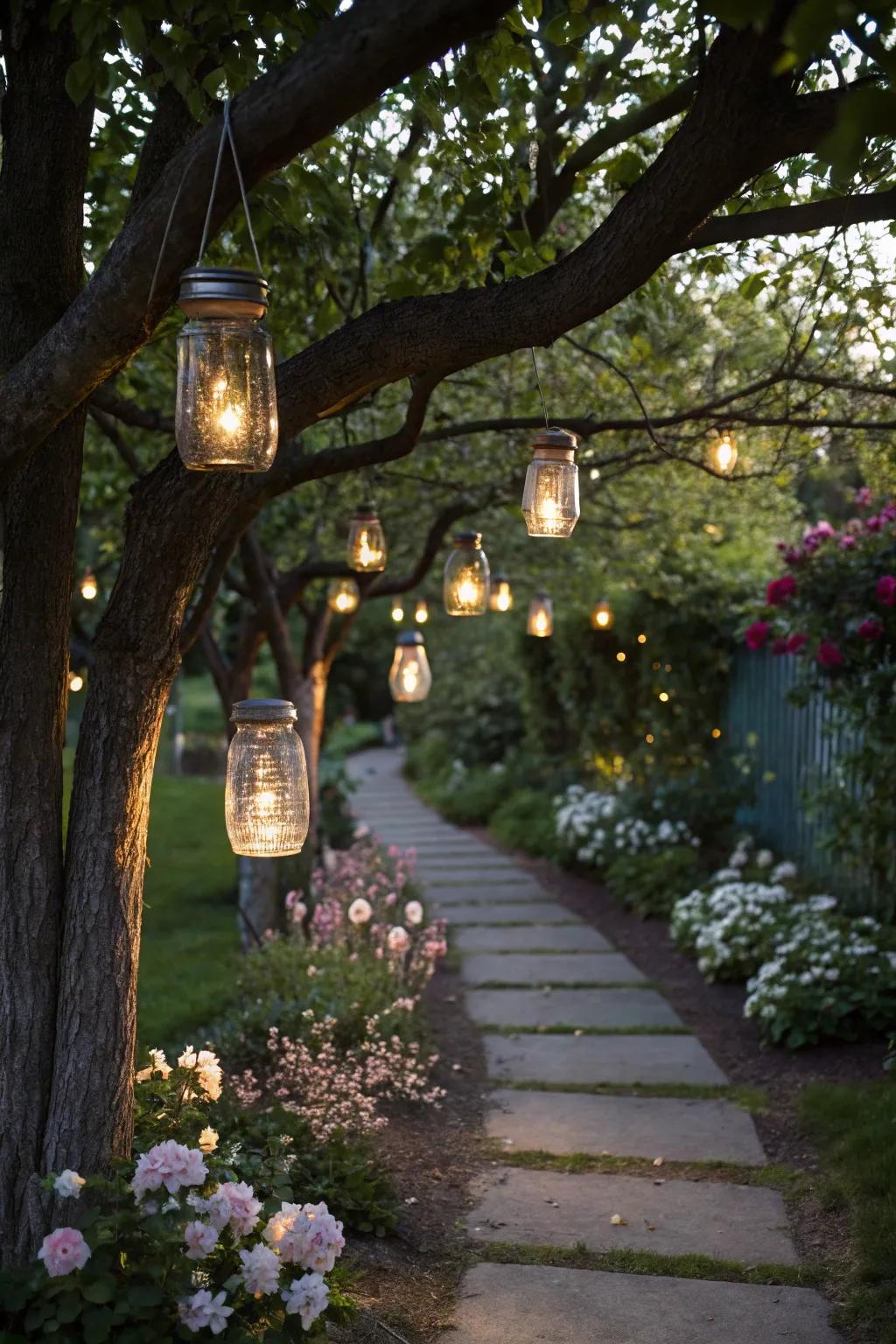 Mason jar solar lights add charm to any garden.
