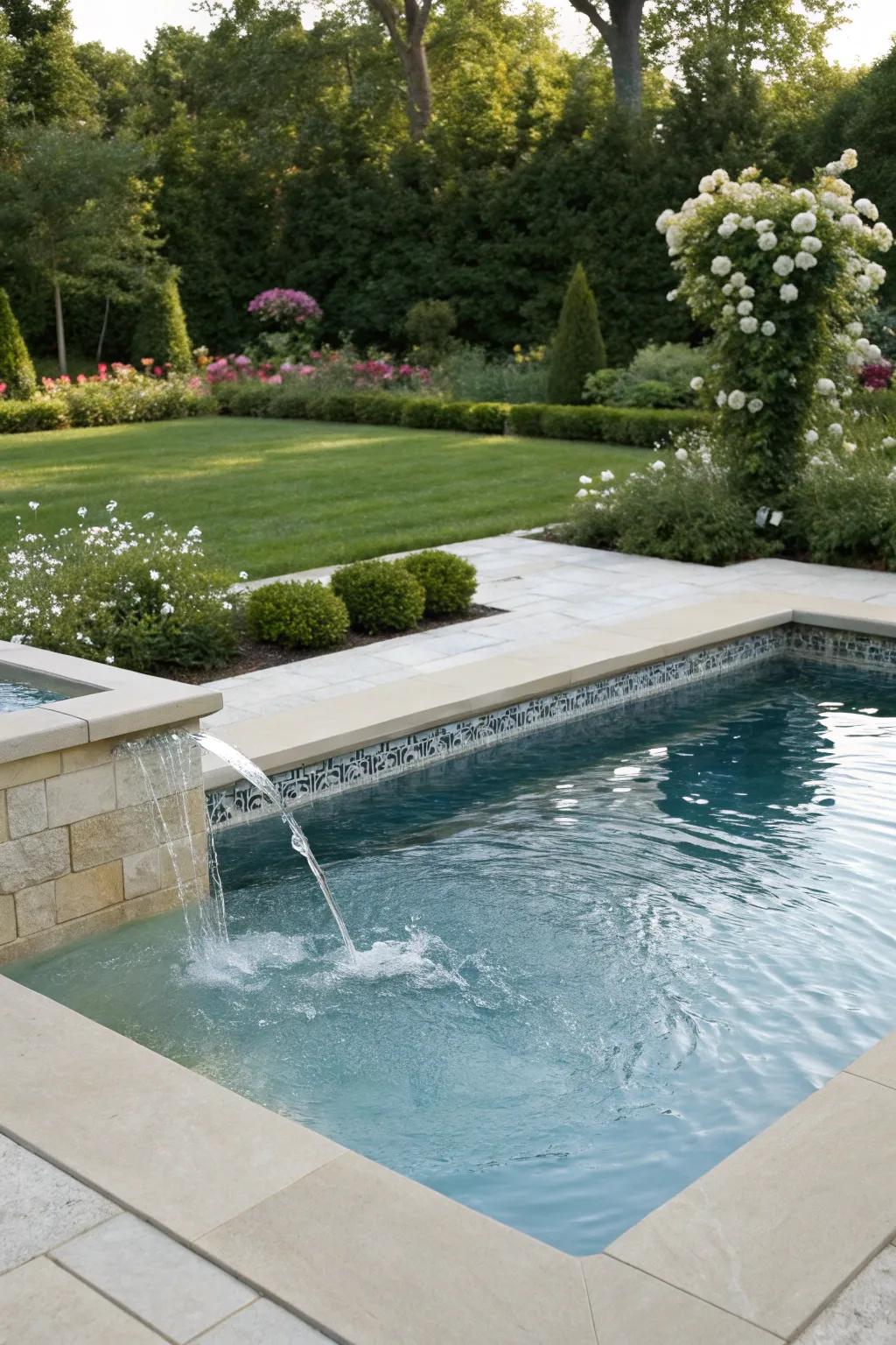 A simple water feature enhances the pool's serenity.