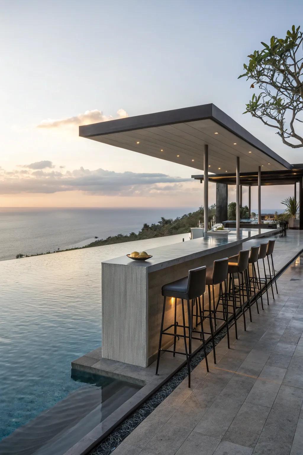 A swim-up bar transforms this infinity pool into a social hotspot.