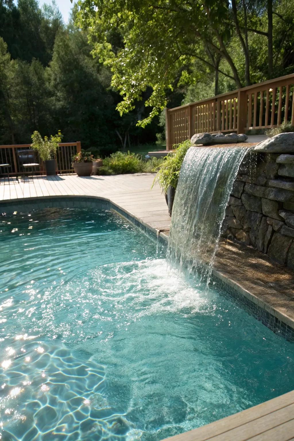 A dramatic cascade waterfall enhancing the beauty of an inground pool.