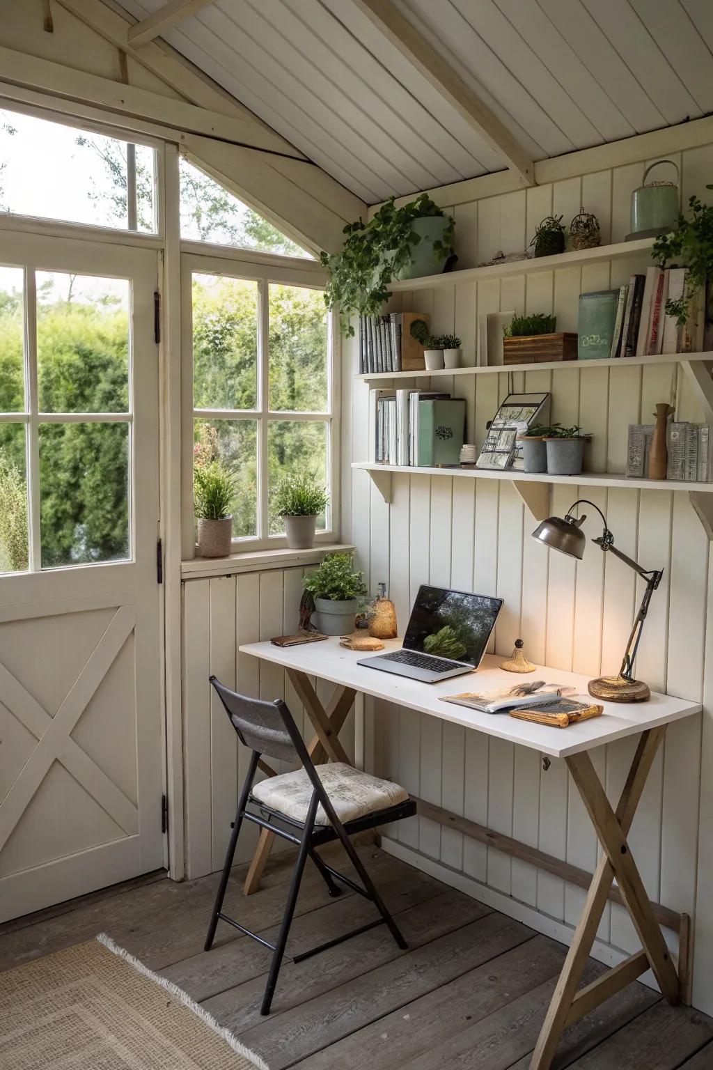 Utilize a folding wall desk for a flexible workspace solution in your shed.