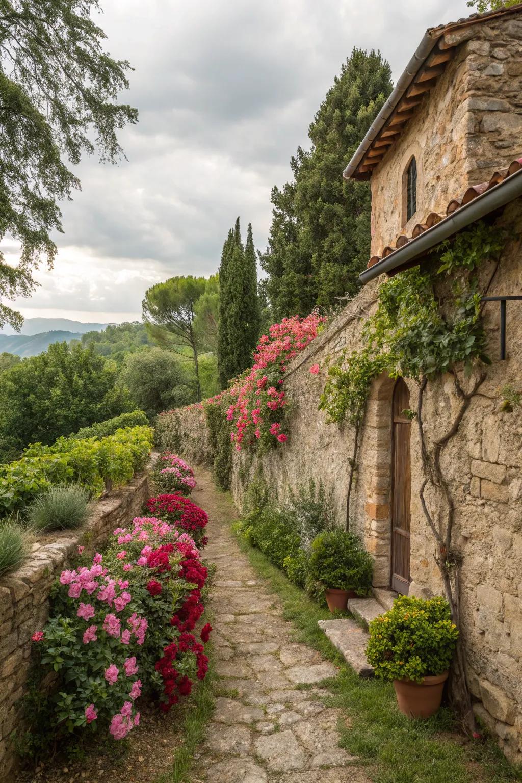 Rustic stone walls provide beauty and functional boundaries.