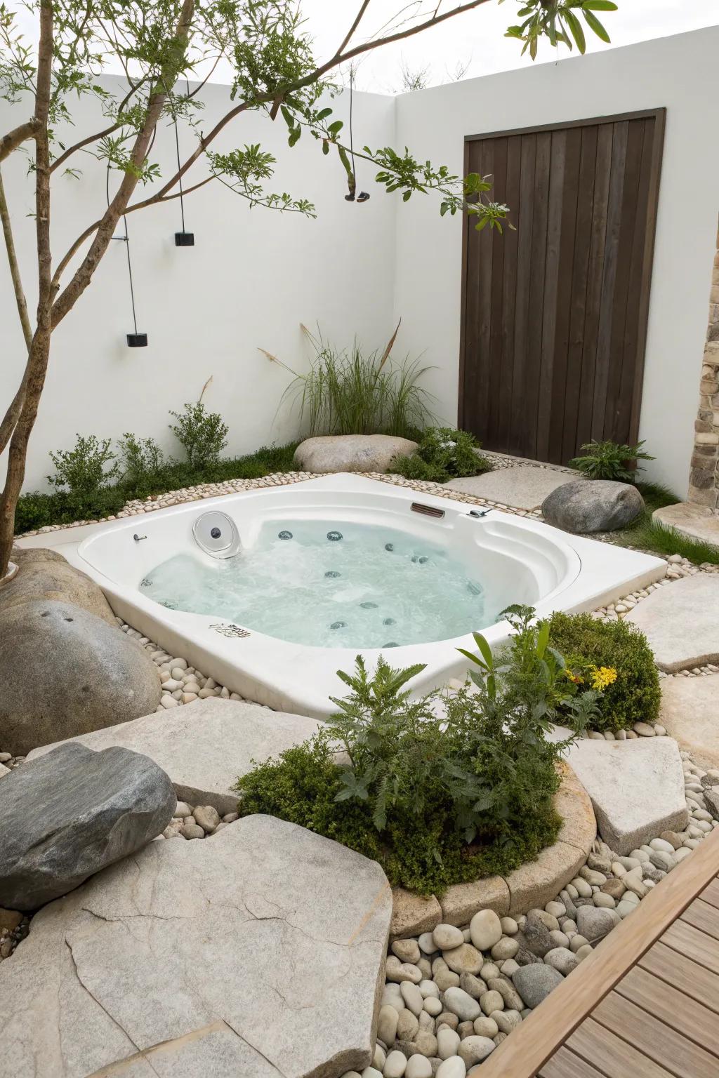A zen-inspired jacuzzi area with a tranquil rock garden