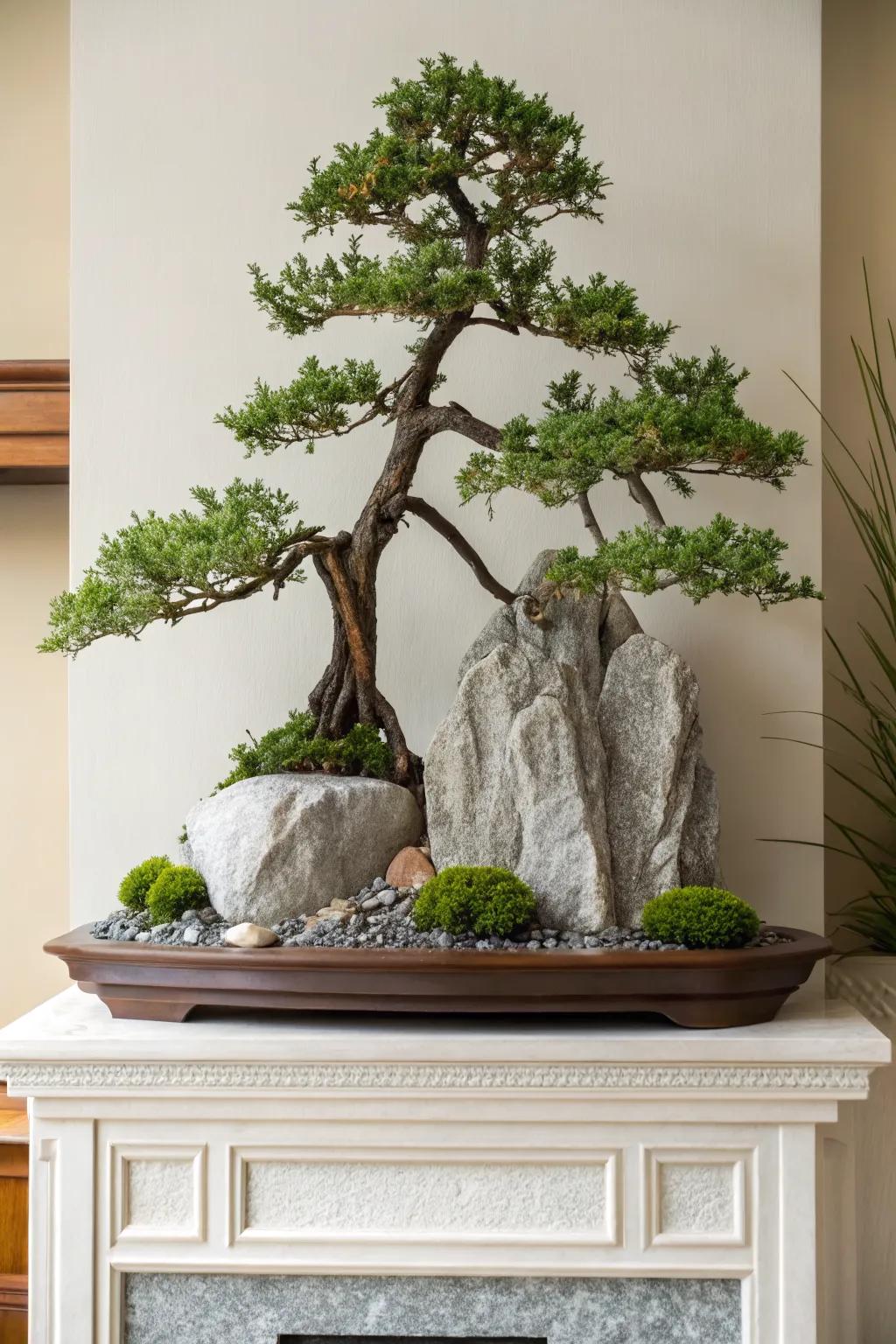 Vertical elegance with tall jade bonsai elements.