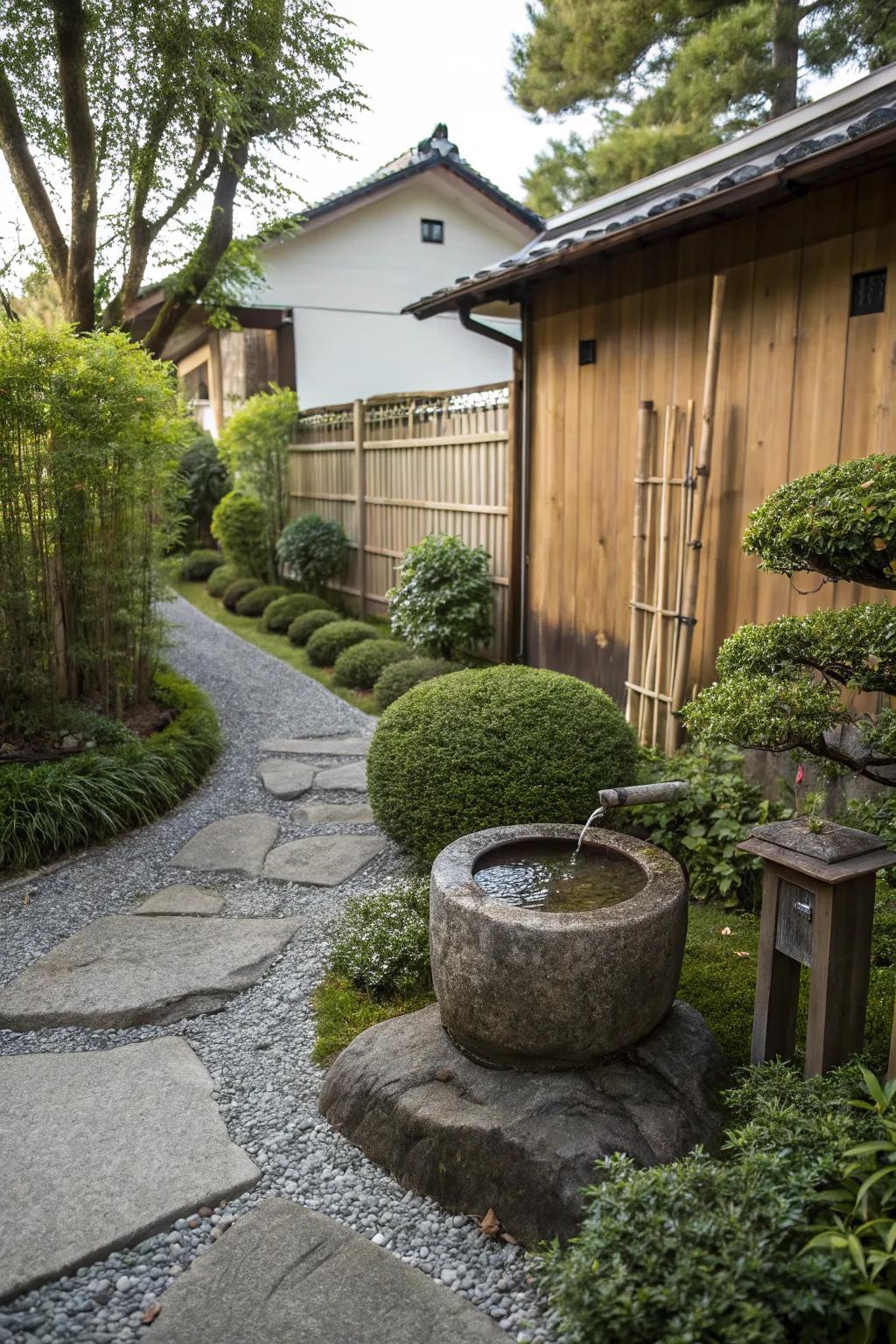 A traditional Tsukubai basin providing a peaceful reflection spot in a Japanese backyard.
