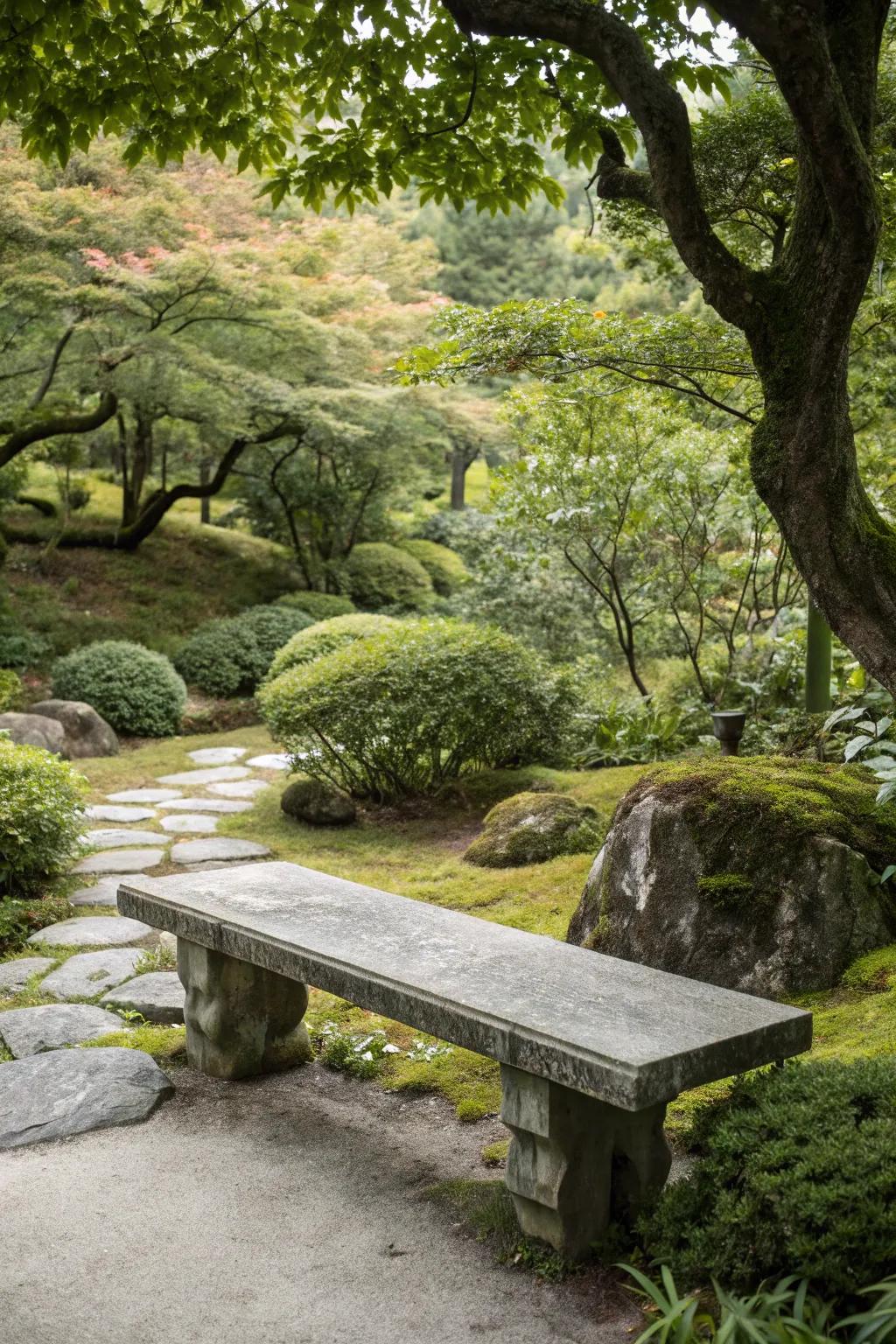 A stone bench offers a place for quiet reflection in your garden.