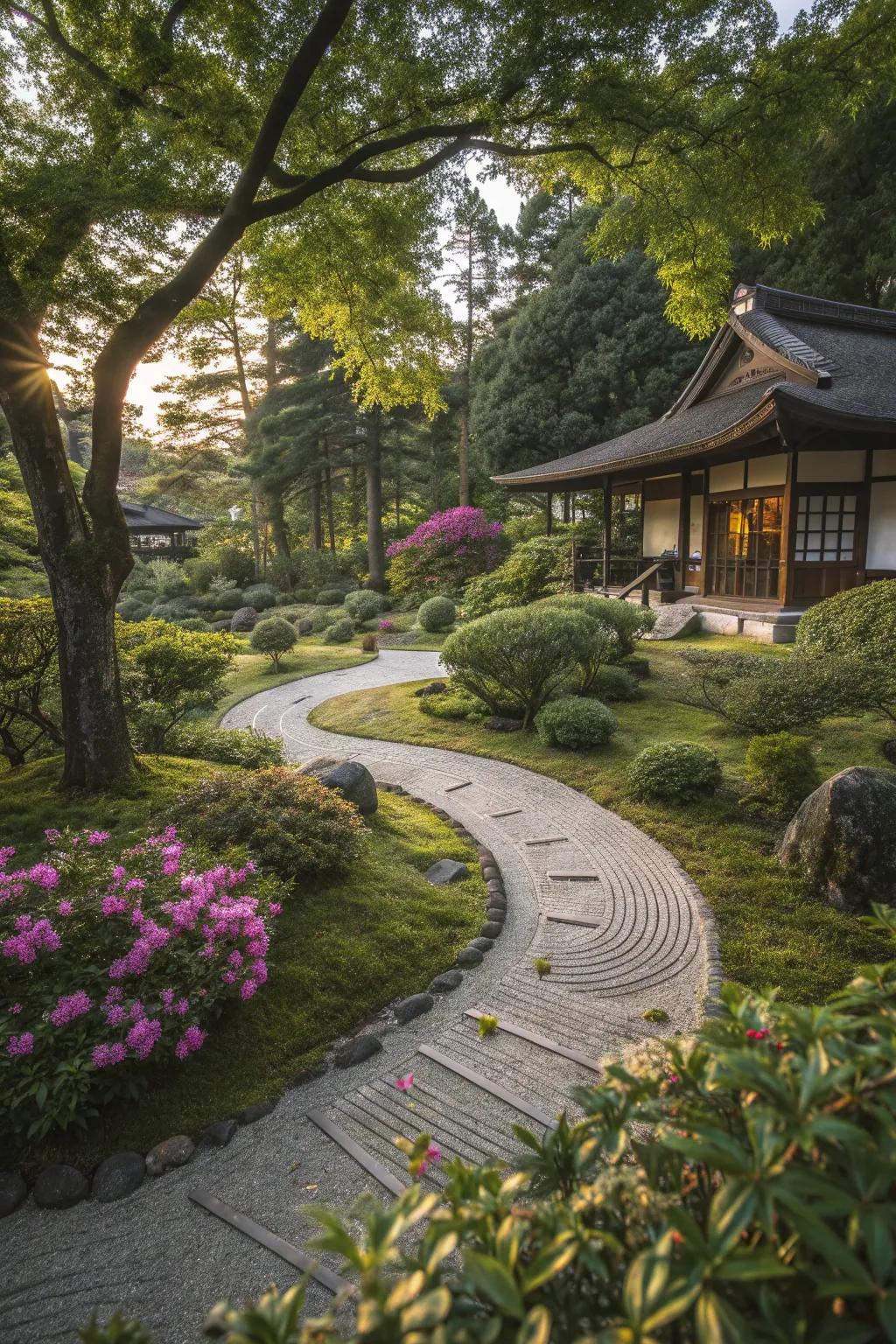 Circular meditation path in a Japanese garden, surrounded by lush greenery.